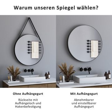 WDWRITTI Spiegel Schwarz Rund Rundspiegel Schwarz mit Metallrahmen Verstellbarer Riemen (Flurspiegel modern, 5mm HD Spiegel), 4-stufig einstellbarer