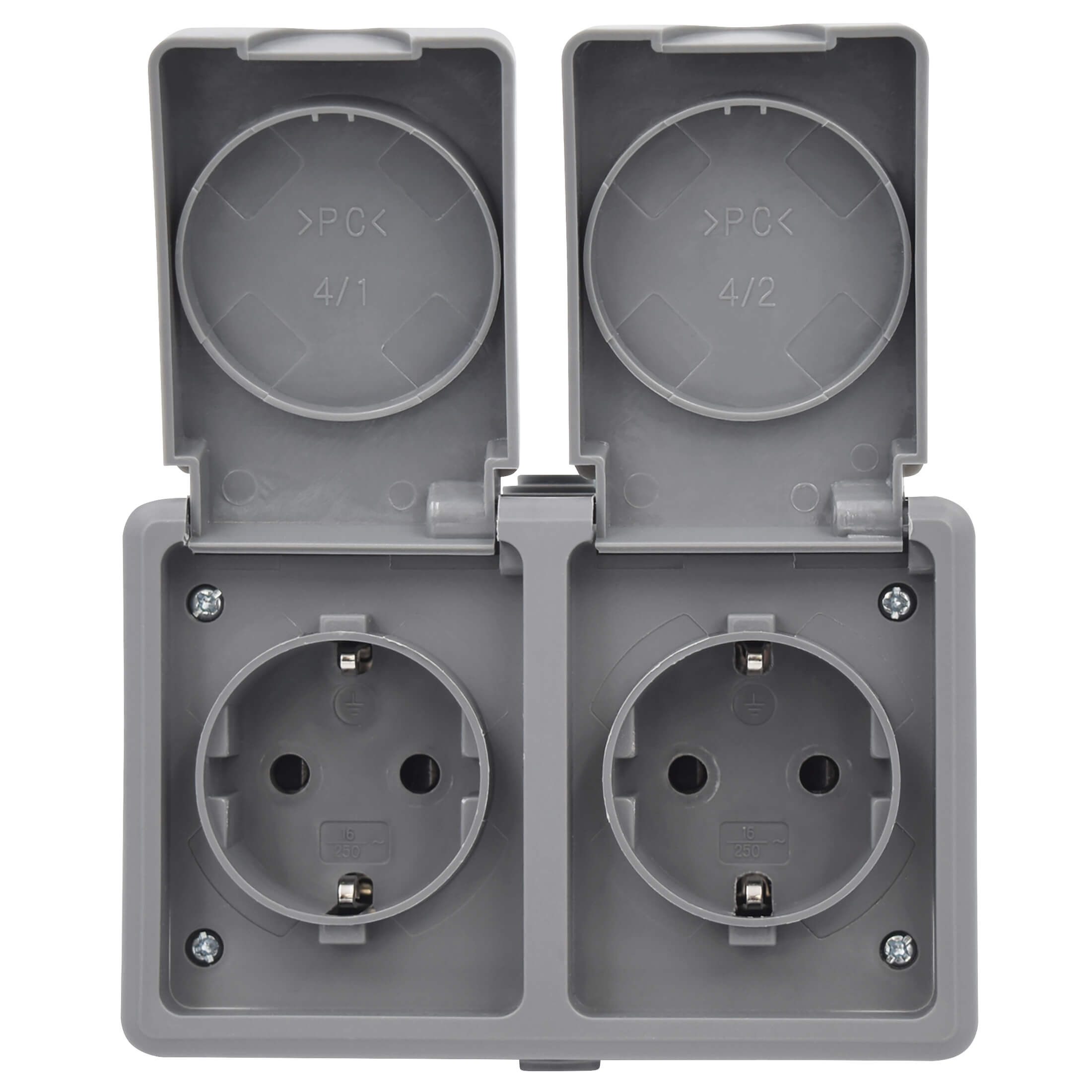 ETT Marketing GmbH Aufputz-Steckdose 3er Set SECURE Feuchtraum Doppelsteckdose IP44 horizontal Aufputz, 3-St., Federschließung, Schraubkontakte, 16A