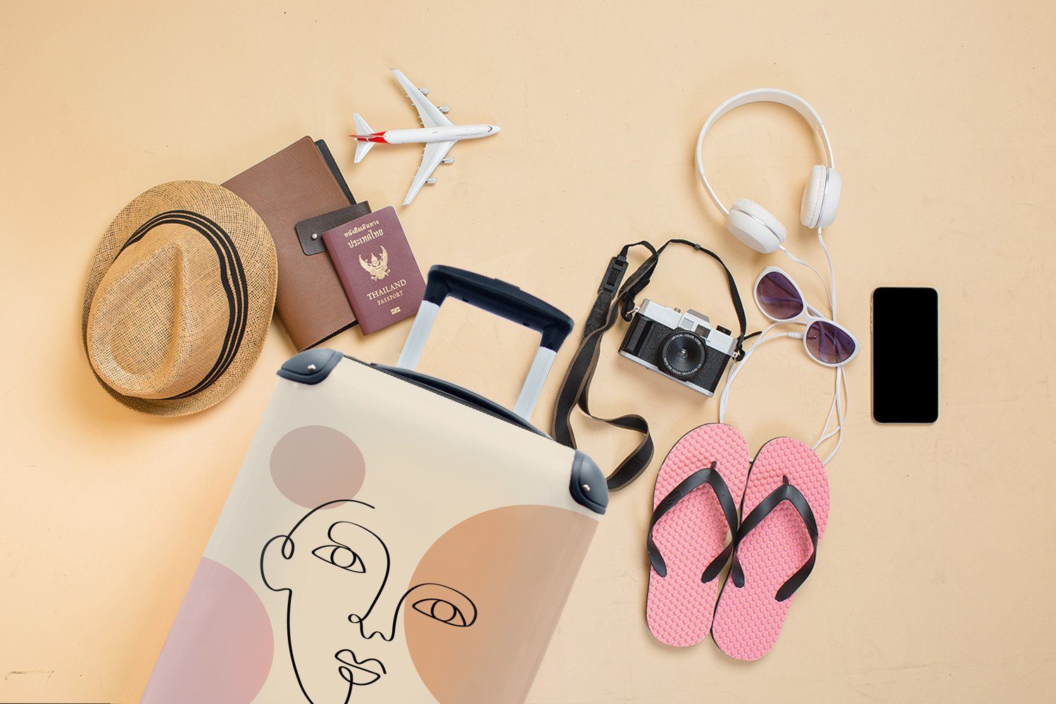 MuchoWow Handgepäckkoffer Pastell Beige, 4 Reisetasche Reisekoffer rollen, - Rollen, mit Handgepäck für Ferien, Trolley, Gesicht 