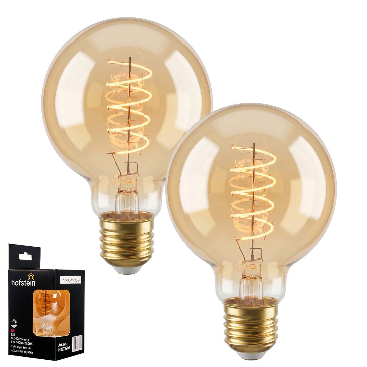 hofstein LED-Leuchtmittel 2er Set Glühbirne Extra Warmweiß dimmbar 6 Watt, E27, 2200 Kelvin, 400 Lumen, Globe Vintage, Filament Spirale, Amber
