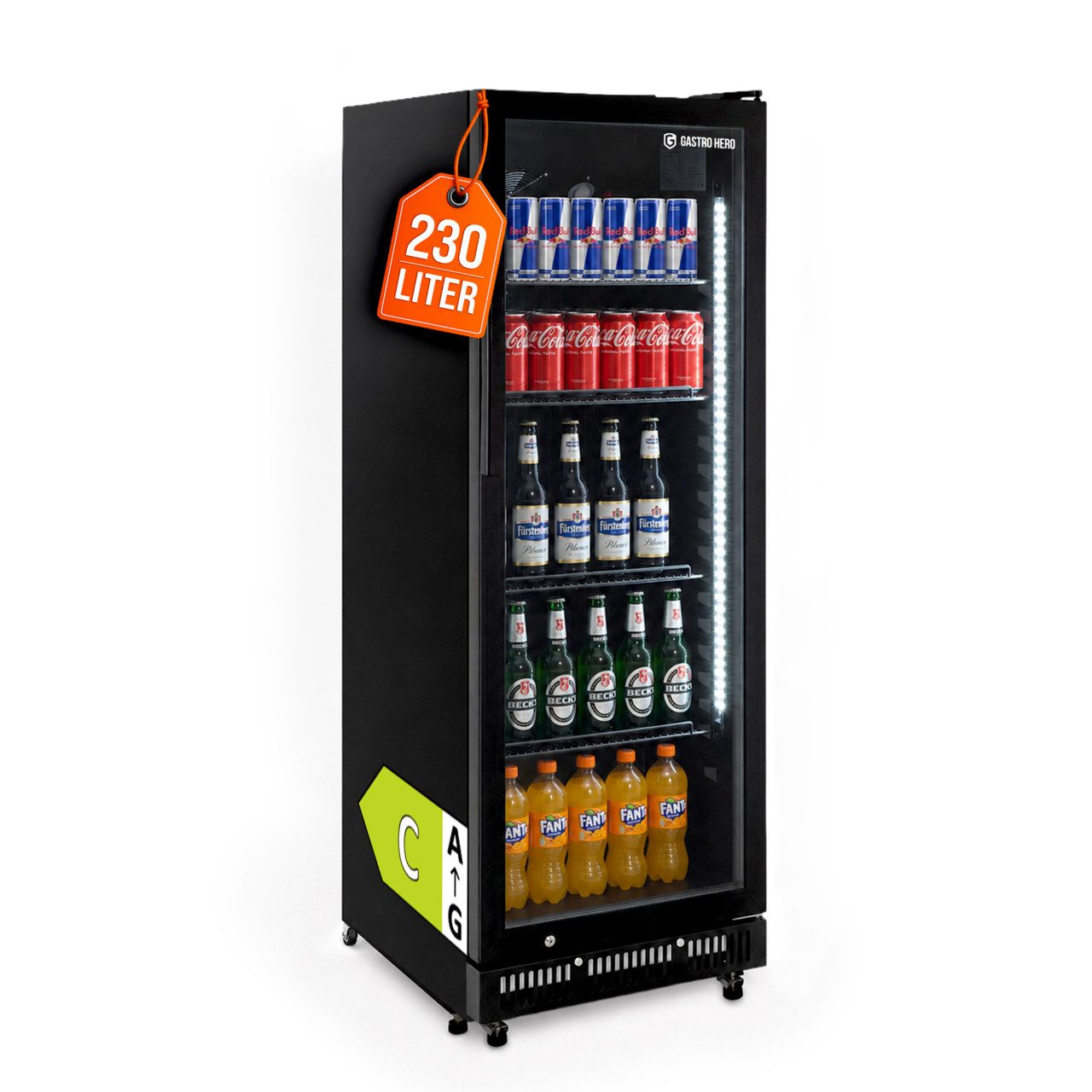 GastroHero Getränkekühlschrank Flaschenkühlschrank 230 L mit Glastür, LED & Schloss, schwarz GKS-230, 146.7 cm hoch, 53 cm breit, doppelverglaster Isolierglastür, Temperaturbereich: 0 °C bis +8 °