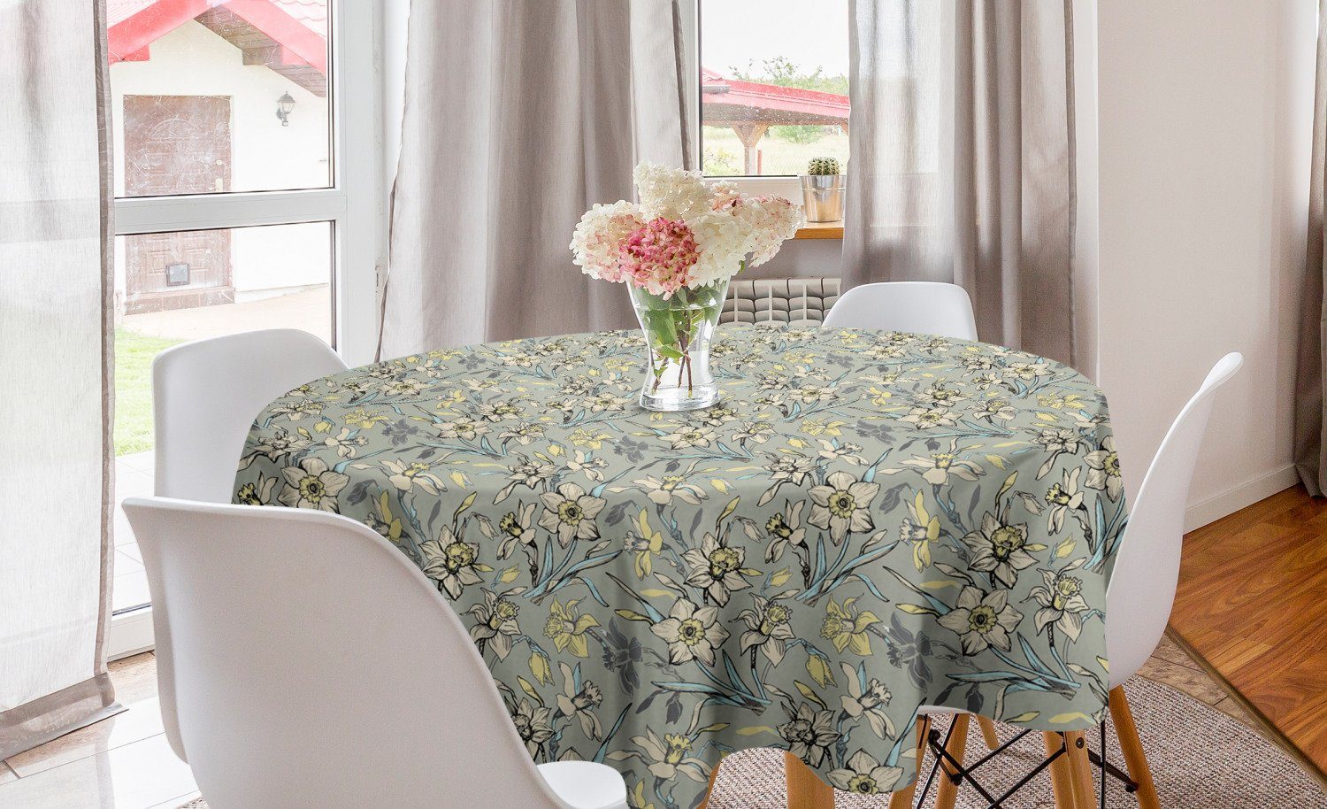 Abakuhaus Tischdecke Kreis Tischdecke Abdeckung für Esszimmer Küche Dekoration, Narzisse Blumen blühen Wiederholung