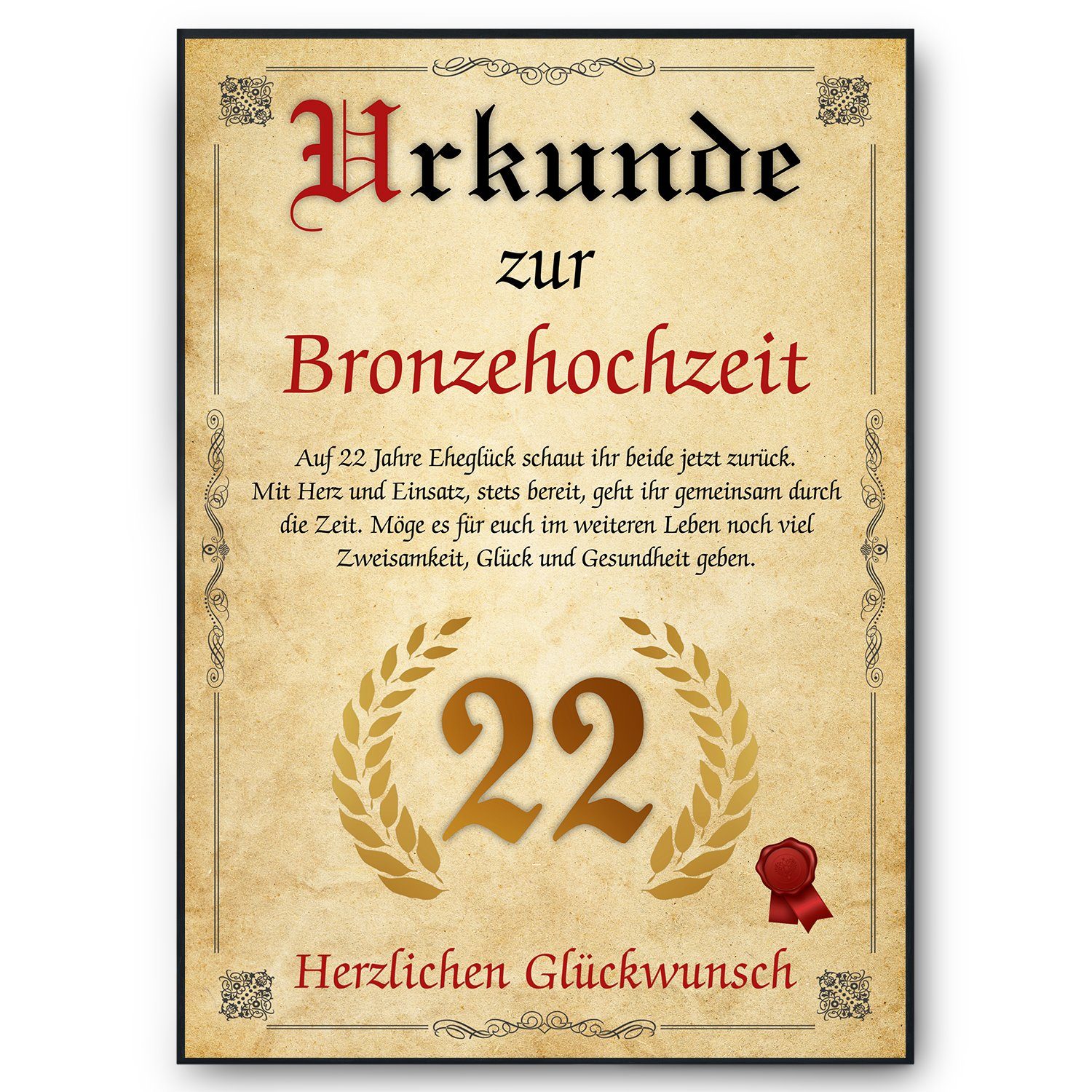 Tigerlino Poster Urkunde zum 22. Hochzeitstag Geschenk 22. Jahrestag Karte Ehepaar, Bronzehochzeit