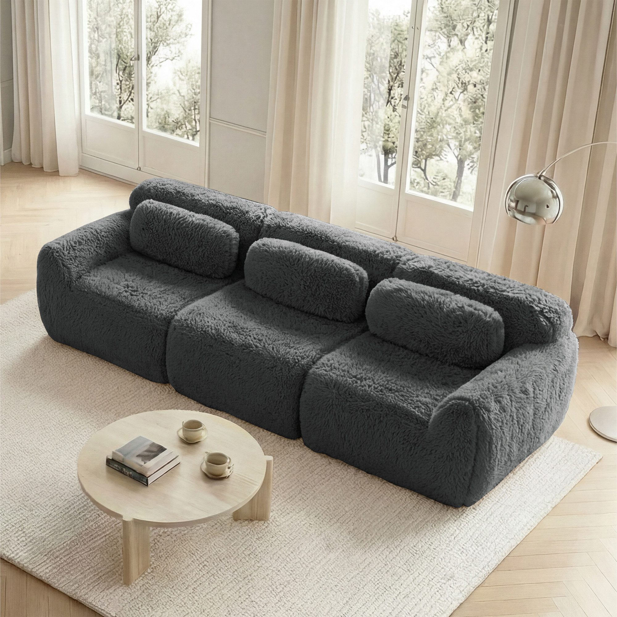 HAUSS SPOLE Loungesofa mit Plüschstoff,Dreisitzer Polstermöbel mit rutschfester Boden,Grau