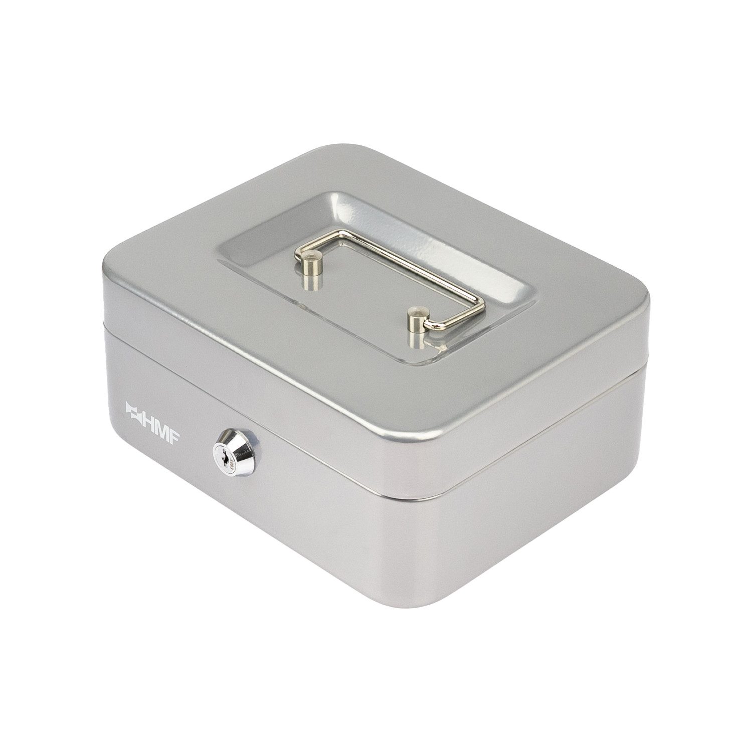 HMF Geldkassette Geldkassette abschließbar, Kasse mit Münzeinsatz, Geldkasse mit 5 Münzfächern 20 x 16 x 9 cm Silber