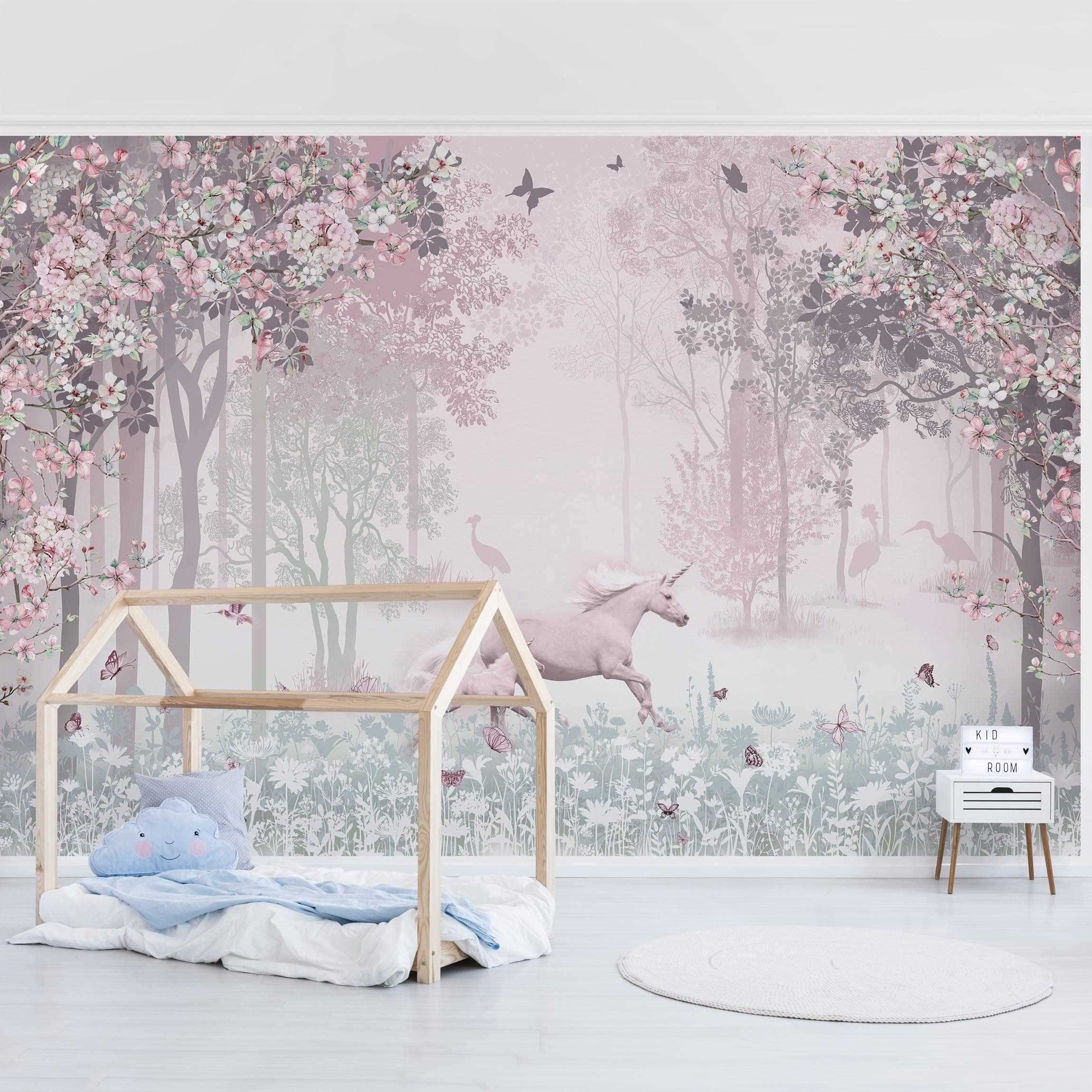 Bilderdepot24 Kindertapete Kinderzimmer Einhorn Blumenwiese Rosa Kinder Wanddeko Wald Bäume, Glatt, Matt, (Vliestapete inkl. Kleister oder selbstklebend), Mädchenzimmer Jungenzimmer Babyzimmer Bildtapete Fototapete Wandtapete