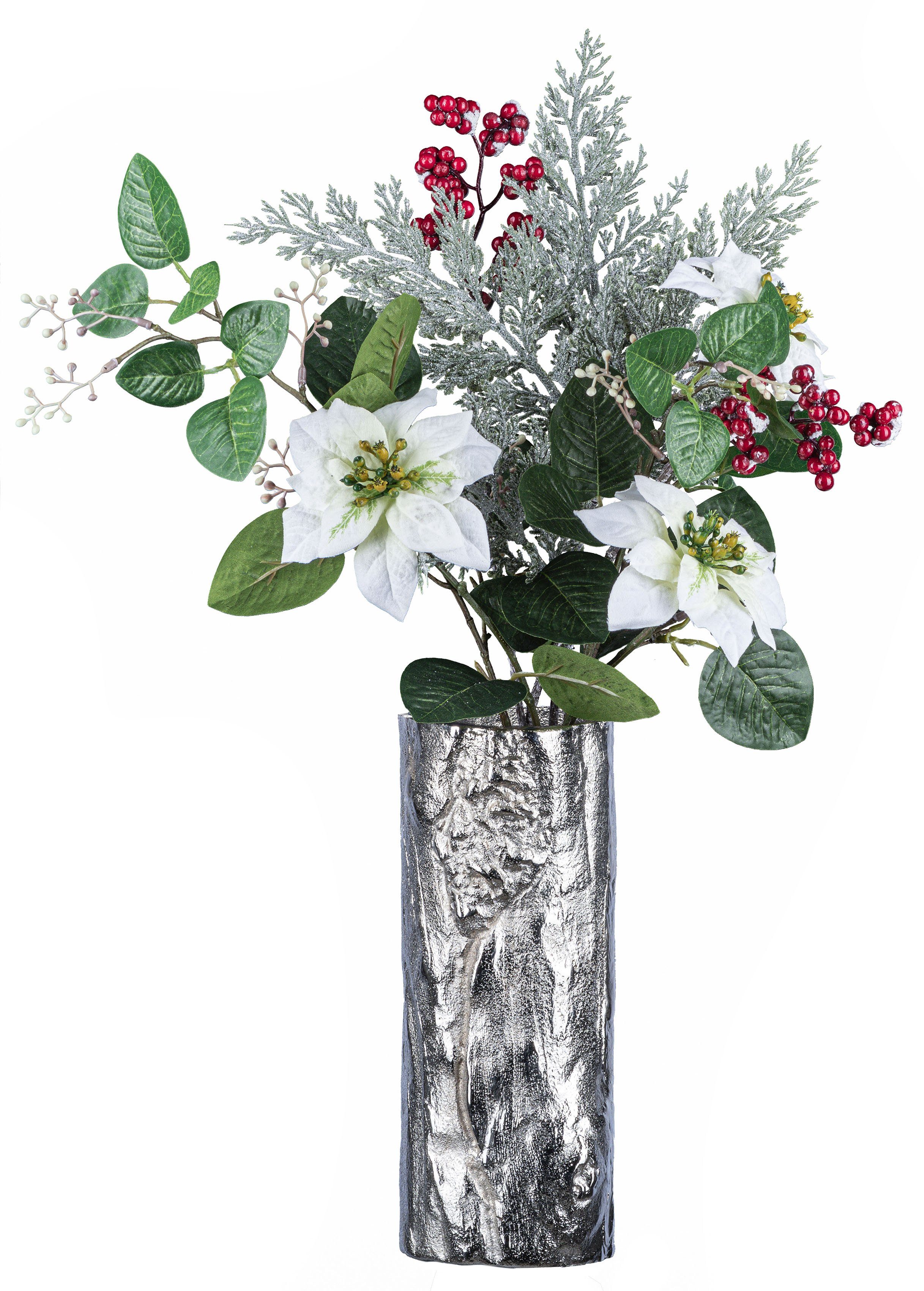 Creativ deco Dekovase Weihnachtsdeko (Set, 2 St., 1 Vase, 1 Bouquet), mit  Poinsettien-Mix-Bouquet in beschneiter Optik