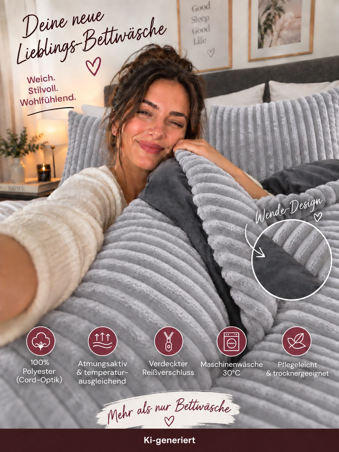 Leonado Vicenti Bettwäsche CORD Optik, Teddy Plüsch, Cashmere Touch, Fleece, 2 teilig, Winter, Wendeseite Anthrazit, flauschig, warm, Nicky-Plüsch – Bild 4 von 5