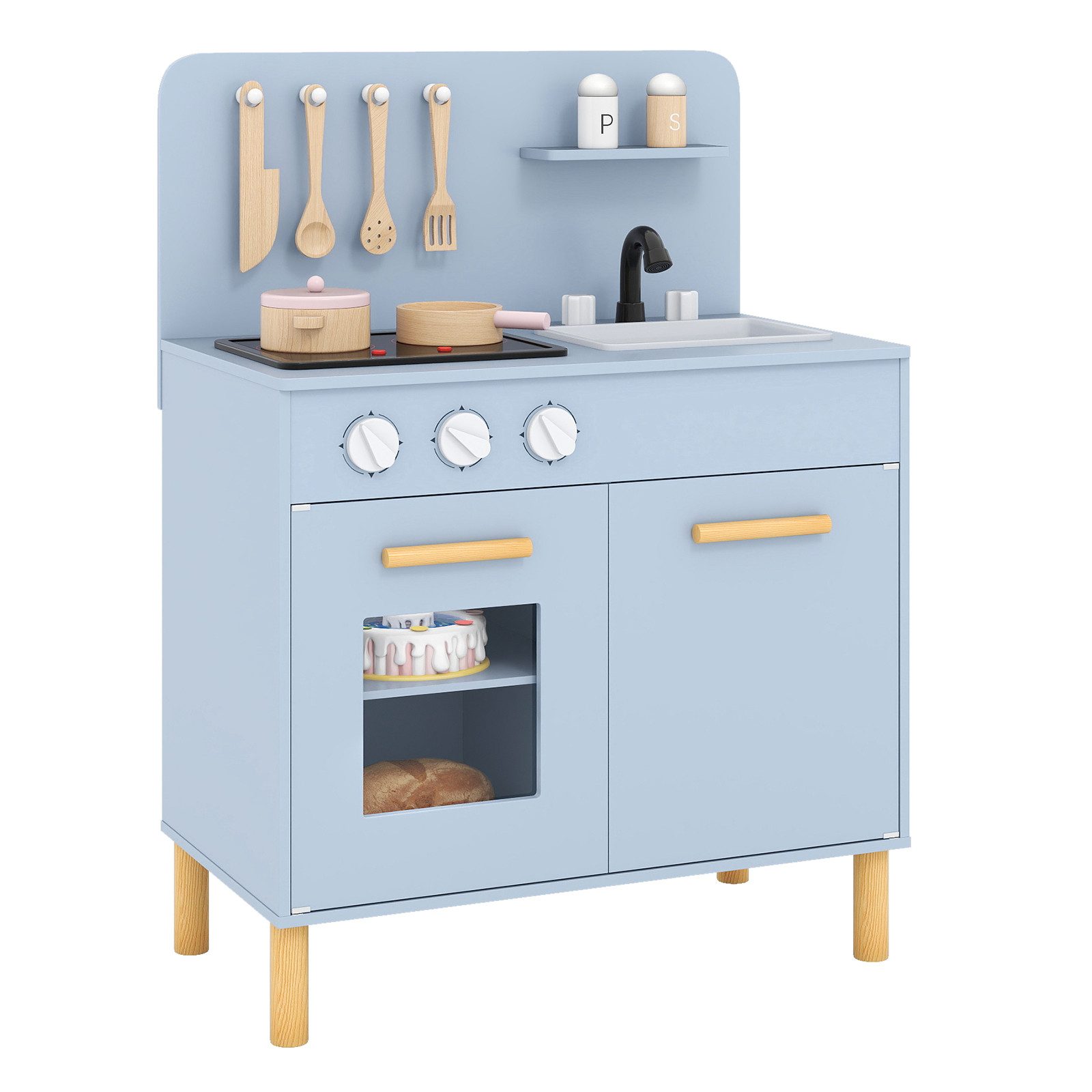 COSTWAY Spielküche, Kinderküche Holz mit Herd, Ofen & Zubehör