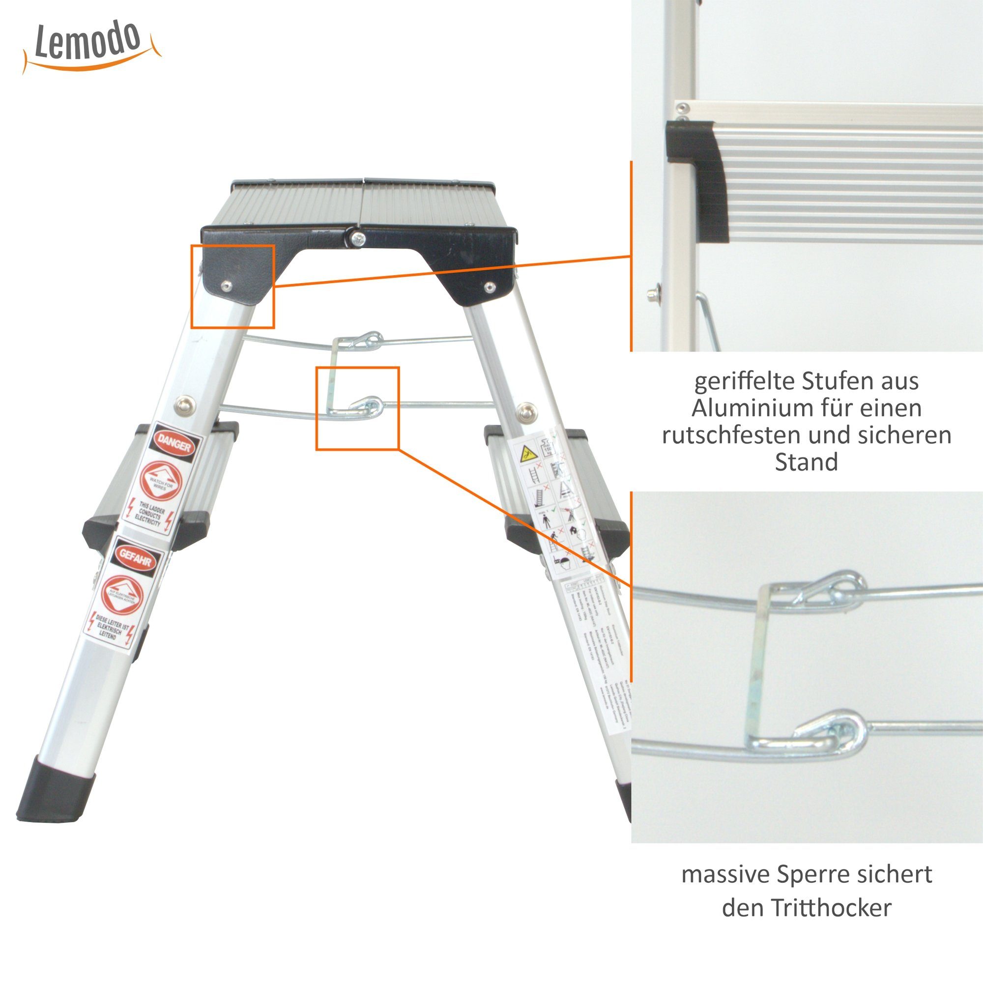 Lemodo Trittleiter Alu Trittleiter, Tritthocker zusammenklappbar, rutschfest, bis 150 kg
