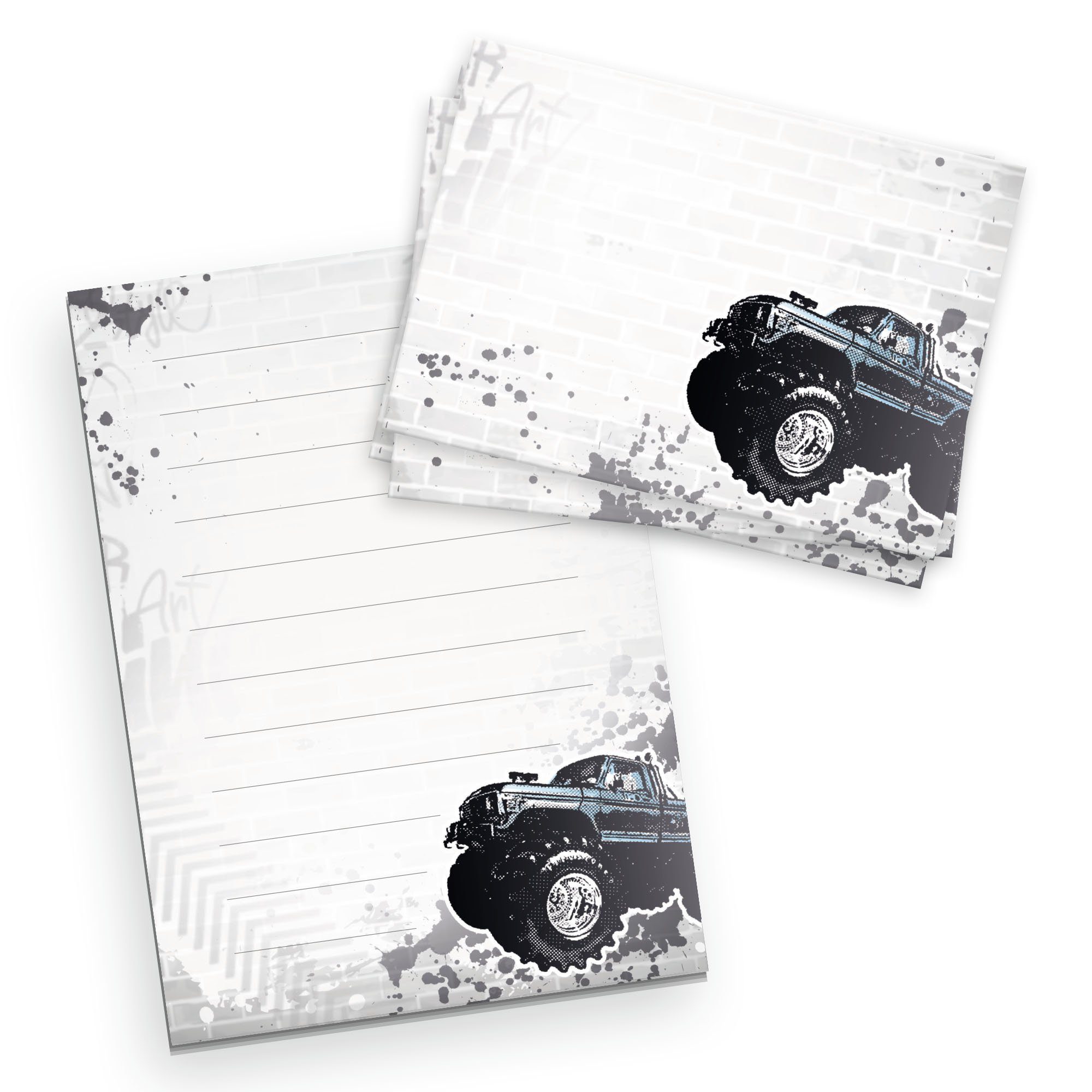 Kreative Feder Briefpapier Briefpapier-Set für Kinder Briefpapier-Block DIN A5 mit 50 Blatt, inkl. 20 Umschlägen, Briefpapier mit Linien, Brief, Post, Schreiben Set Monstertruck