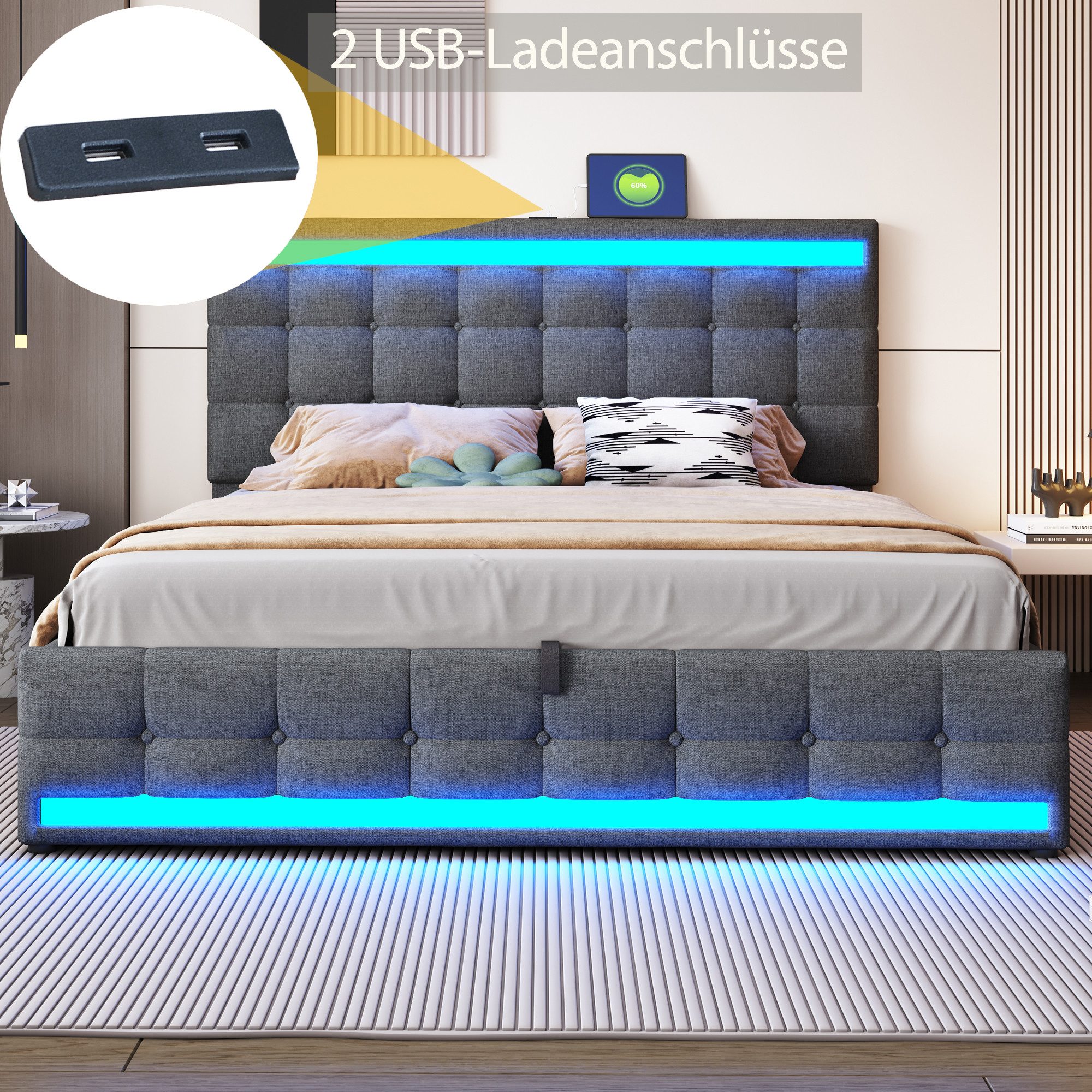 Flieks Polsterbett, LED Doppelbett Stauraumbett 2 USB-Anschluss 180x200cm L günstig online kaufen