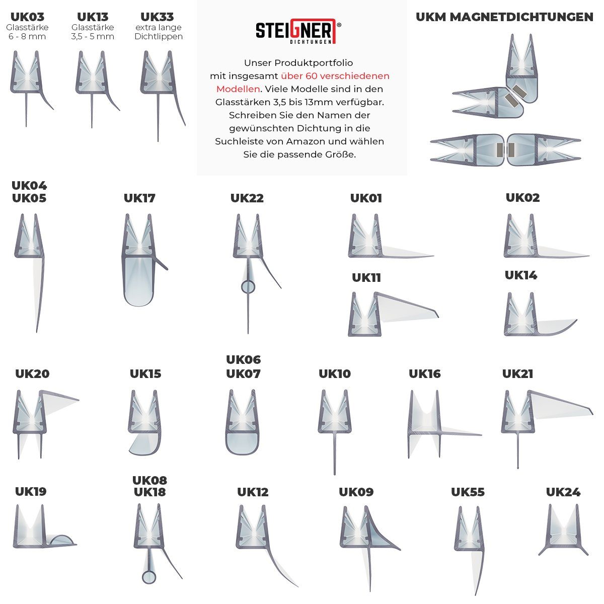 STEIGNER Duschdichtung 30cm Gerade PVC Ersatzdichtung für Dusche, L: 30 cm, (1 Stück Packung, Einzeldichtung), Glasstärke 6/7/ 8 mm Model: UK07