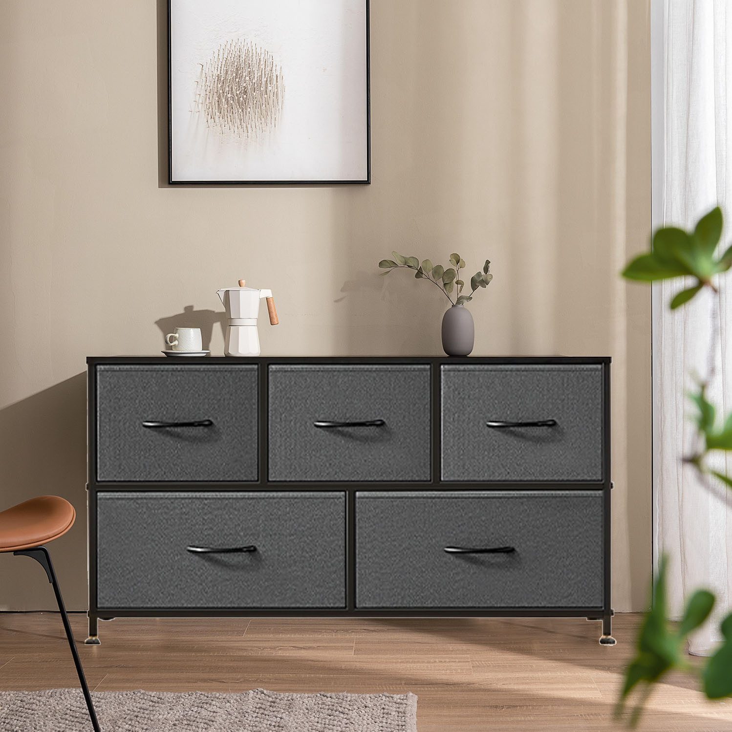 Refined Living Kommode Schubkastenkommode mit 5 Schubladen Stoffkommode stabilem Stahlrahmen (Sideboards mit Holzplatte und leicht zu ziehendem Griff für Schränke, Große Kapazität, Aufbewahrung von Kinder- und Erwachsenenkleidung), wasserdicht Geeignet für Wohnzimmer, Kinderzimmer, Flur, Schlafzimmer