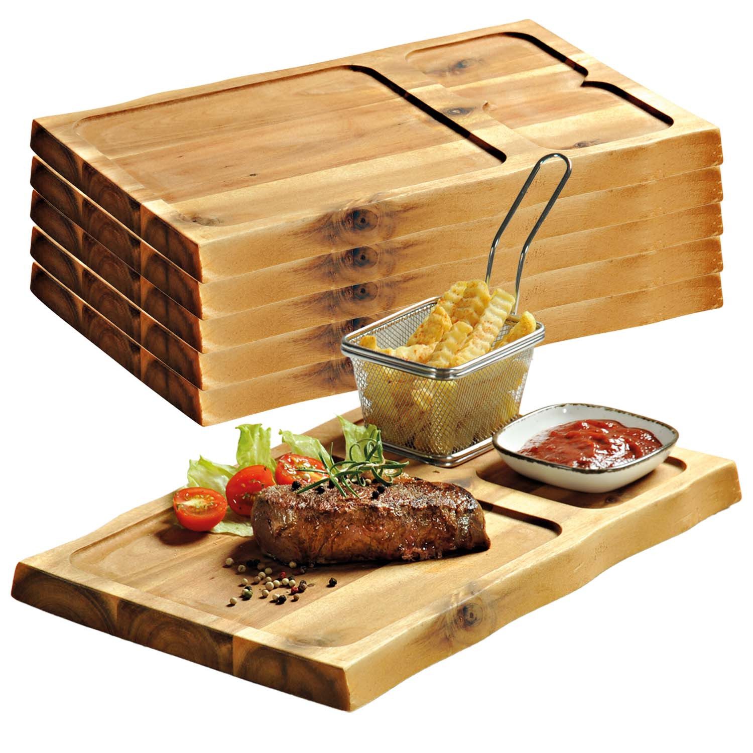 Kesper Servierbrett 6 Servierbretter mit Vertiefung, 3er Einteilung - Akazienholz, Holz, (6-St), mit eingefrästen Vertiefungen