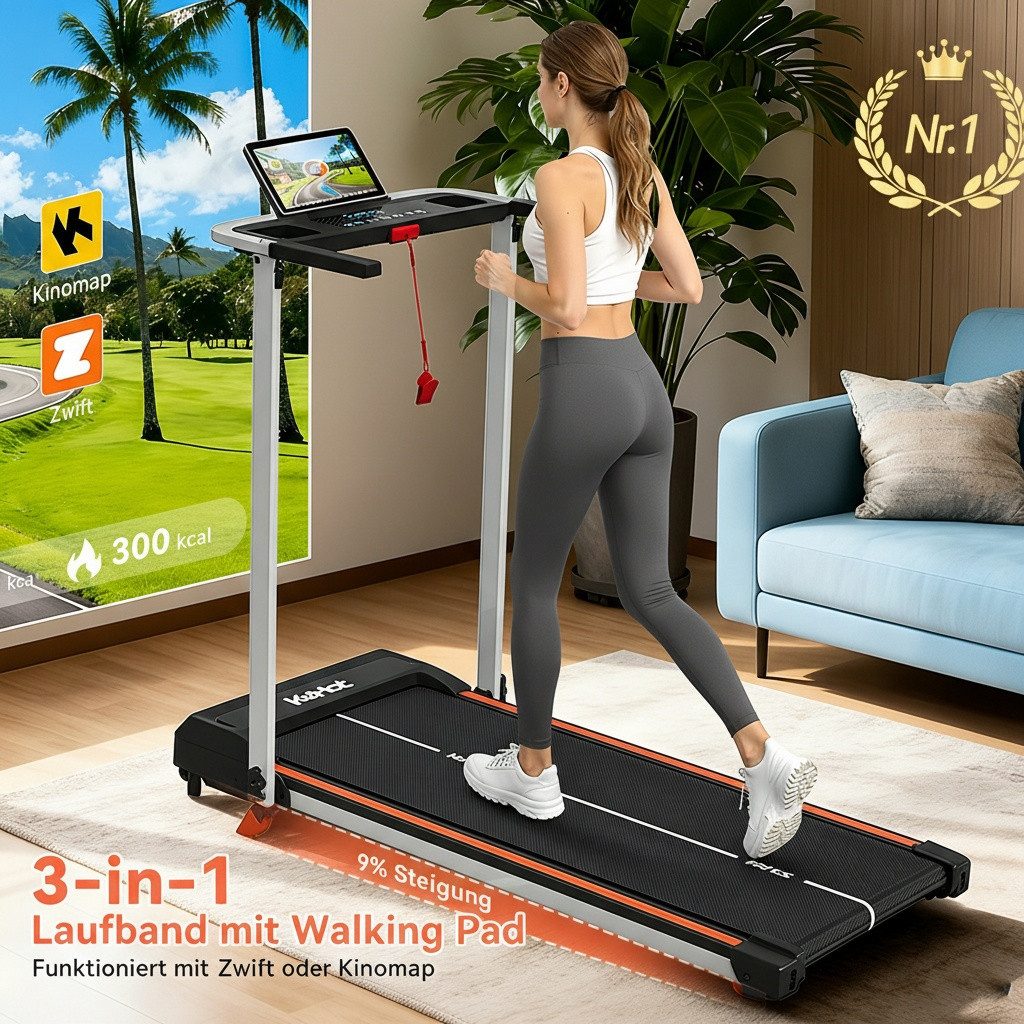 kehot Laufband Klappbares Laufband für Zuhause mit Bluetooth & App-Steuerung (Kompakt Laufband 1–12 km/h, 9% Steigung, 2,5 PS Motor, 38×100 cm Lauffläche, leise, inklusive Sicherheits-Key), Bluetooth & App-kompatibel (Zwift/Kinomap), bis 125 kg