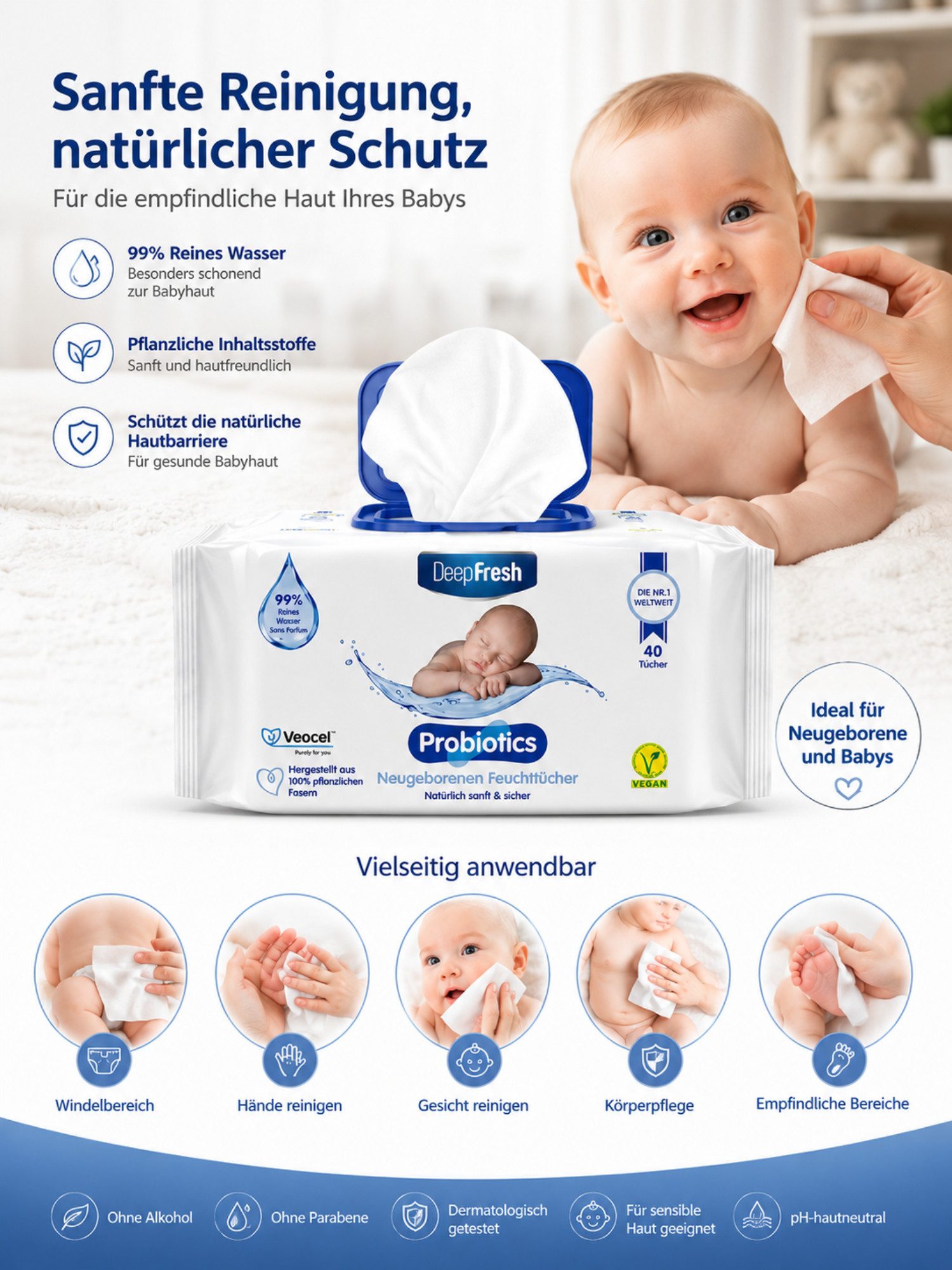 Deep Fresh Probiotics Newborn Baby Natural Pflegetücher 40 Stk. Hygienemittel (Einzelpackung, [3-St. 1 Packung mit 40 stück für Neugeborene Mit Probiotika, Hypoallergen, Alkoholfrei, Parfümfrei)