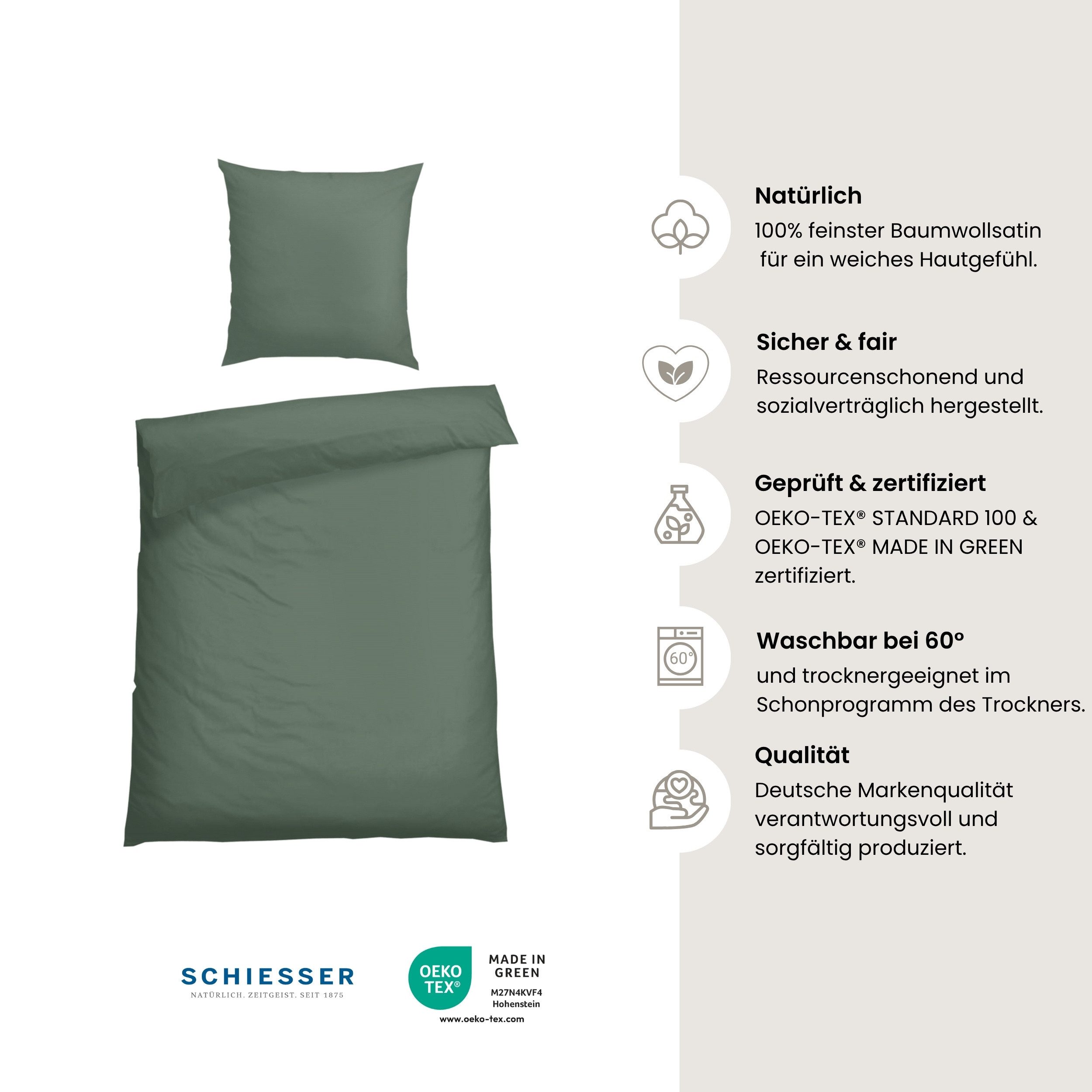 Schiesser Bettwäsche Ella seidenmattes Premiumbettwäscheset aus feinstem Baumwollsatin, Satin, 2 teilig, Made in Green