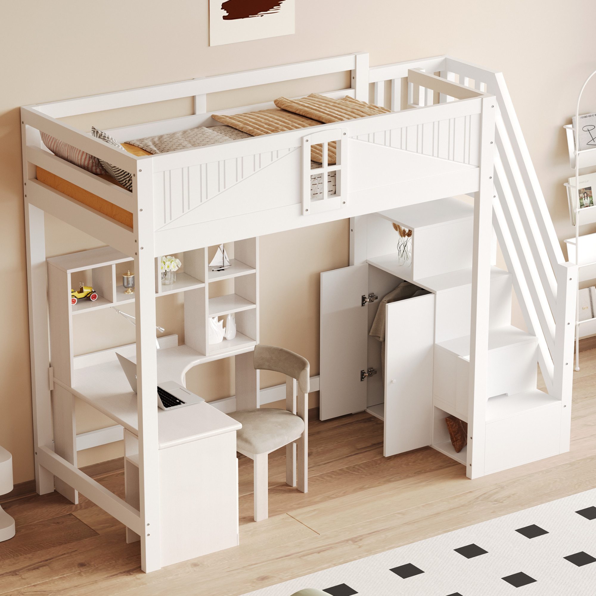Odikalo Kinderbett Hochbett Bettgestell Massivholz 90x200 mit Stauraum (Massivholz - Hochbett, Kinderbett 90x200 cm, Einzigartige Sicherheitstür mit Fenster, Seitliche Ablage-Sicherheitsleiter Links und Rechts Austauschbar, Multifunktionsbett, Weiß)