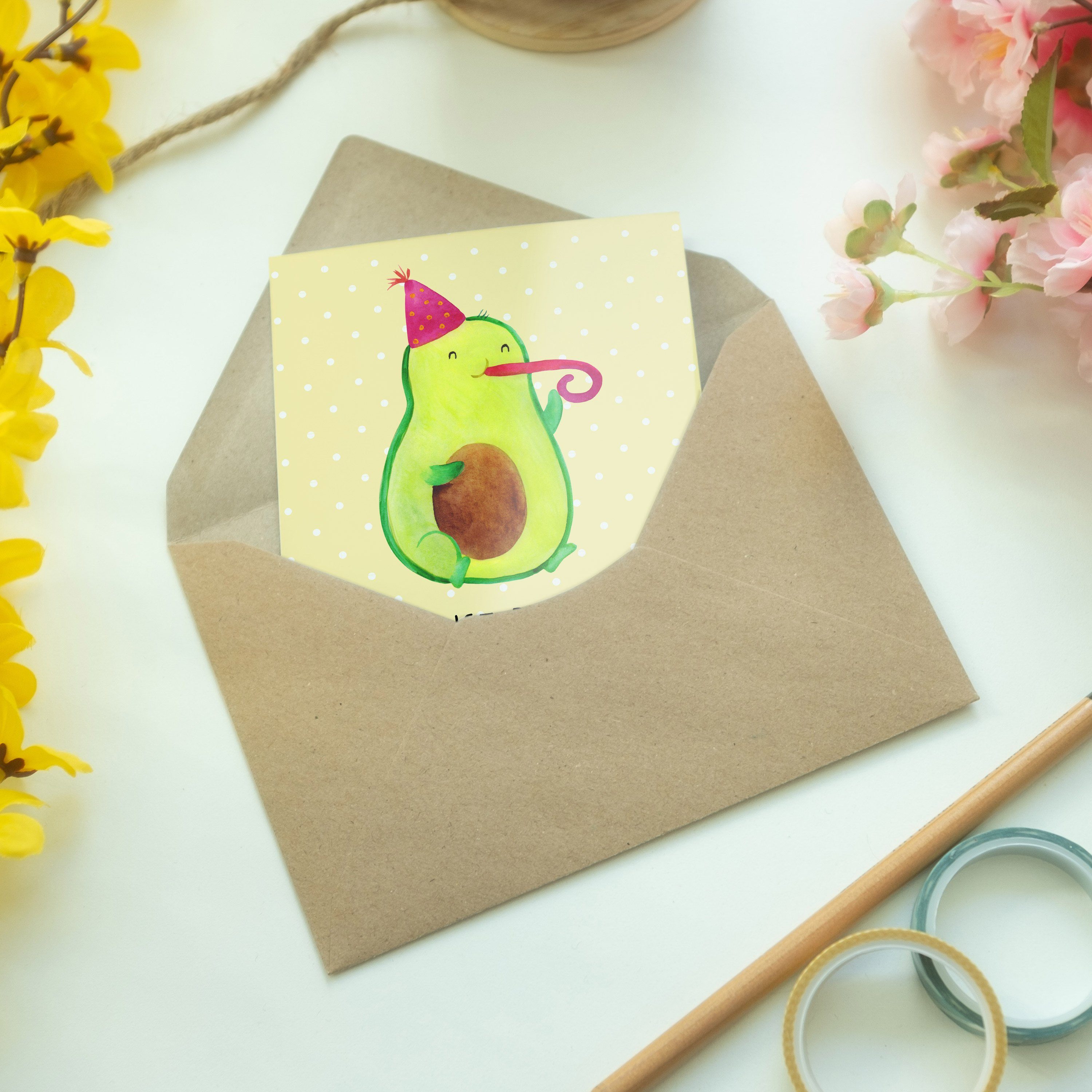 Mr. & Mrs. Panda Geschenk, - - Gelb Grußkarte Einladungskarte, Tröte Pastell Partyhupe Avocado