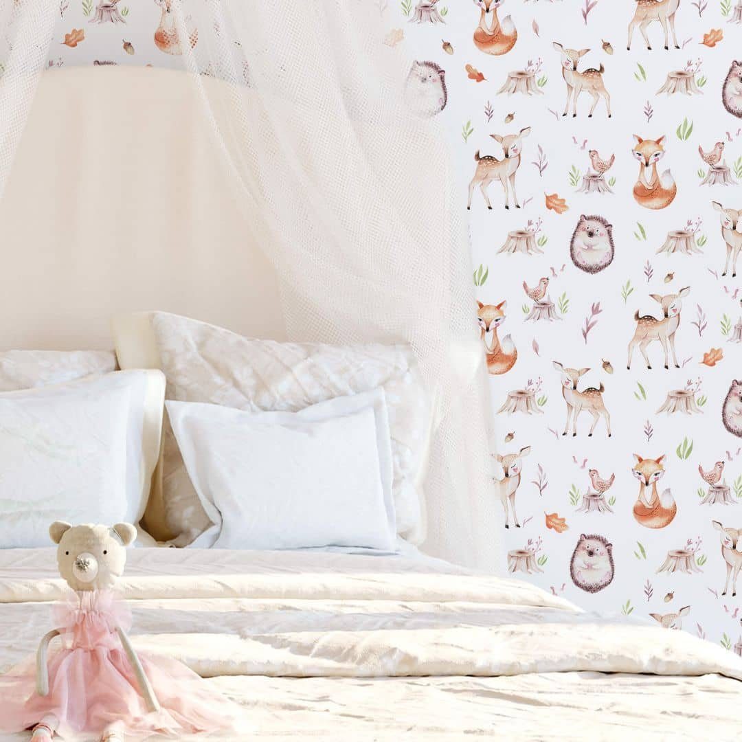 K&L Wall Art Mustertapete Babyzimmer Boho Kinderzimmer Fototapete Natur Vliestapete Waldtiere, Kinder Motivtapete groß, Vlies-Fototapete für Baby Schlafzimmer,  – Bild 3 von 4