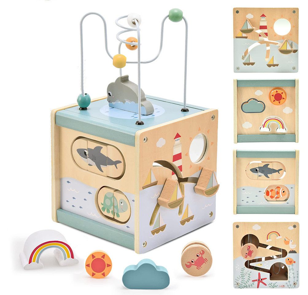 Flintry Lernspielzeug Motorikspielzeug,Lernspielzeug,Montessori-Spielwürfel für Kinder (39-St), 6-in-1 Aktivitätswürfel aus Holz, Formensteckspiel, Sinneswürfel