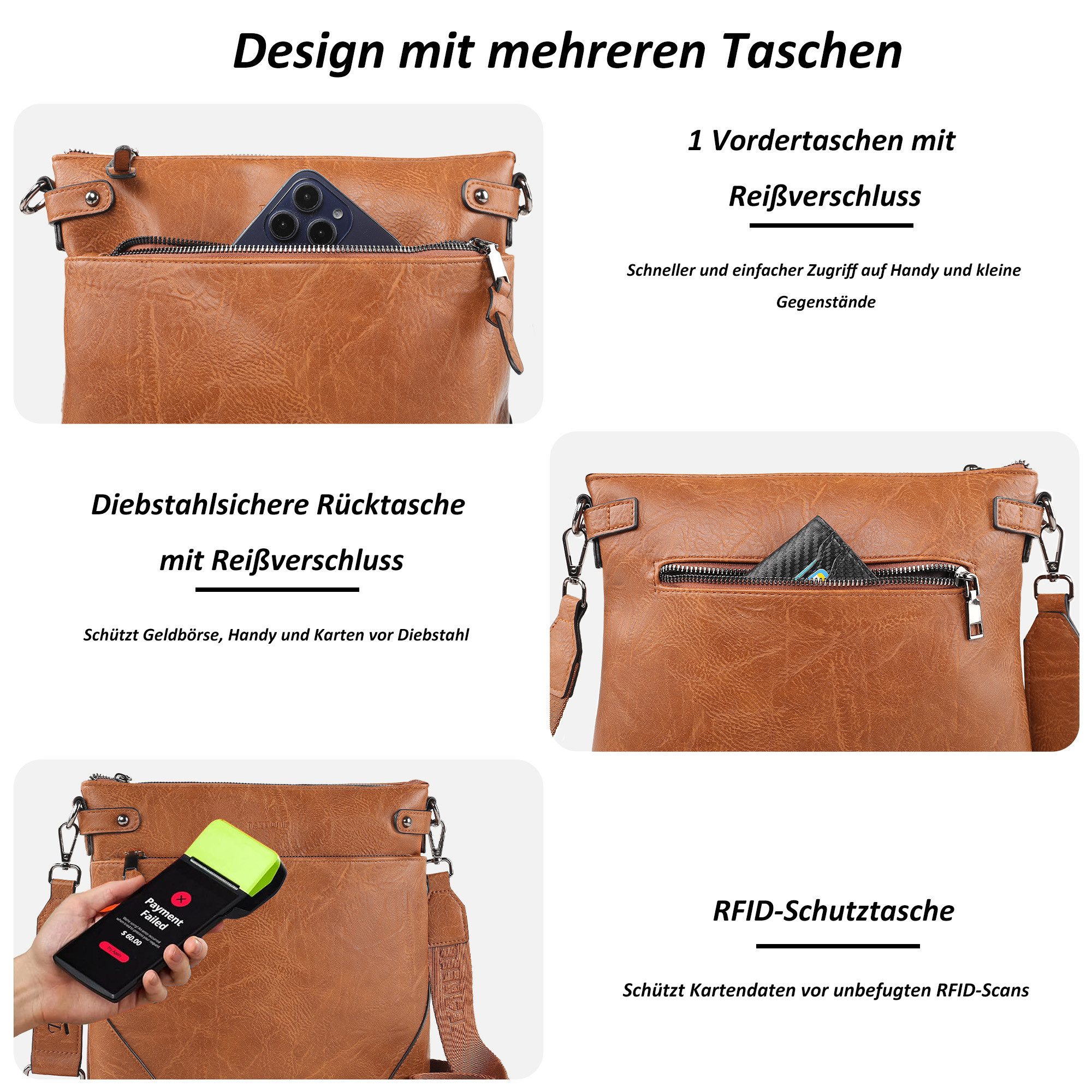 TANTOMI Umhängetasche Damen Schultertasche Mittelgroß mit Vielen Fächern Freizeit leicht, Damen Handtasche Henkeltasche Schultertasche Crossbody Bag – Bild 5 von 5