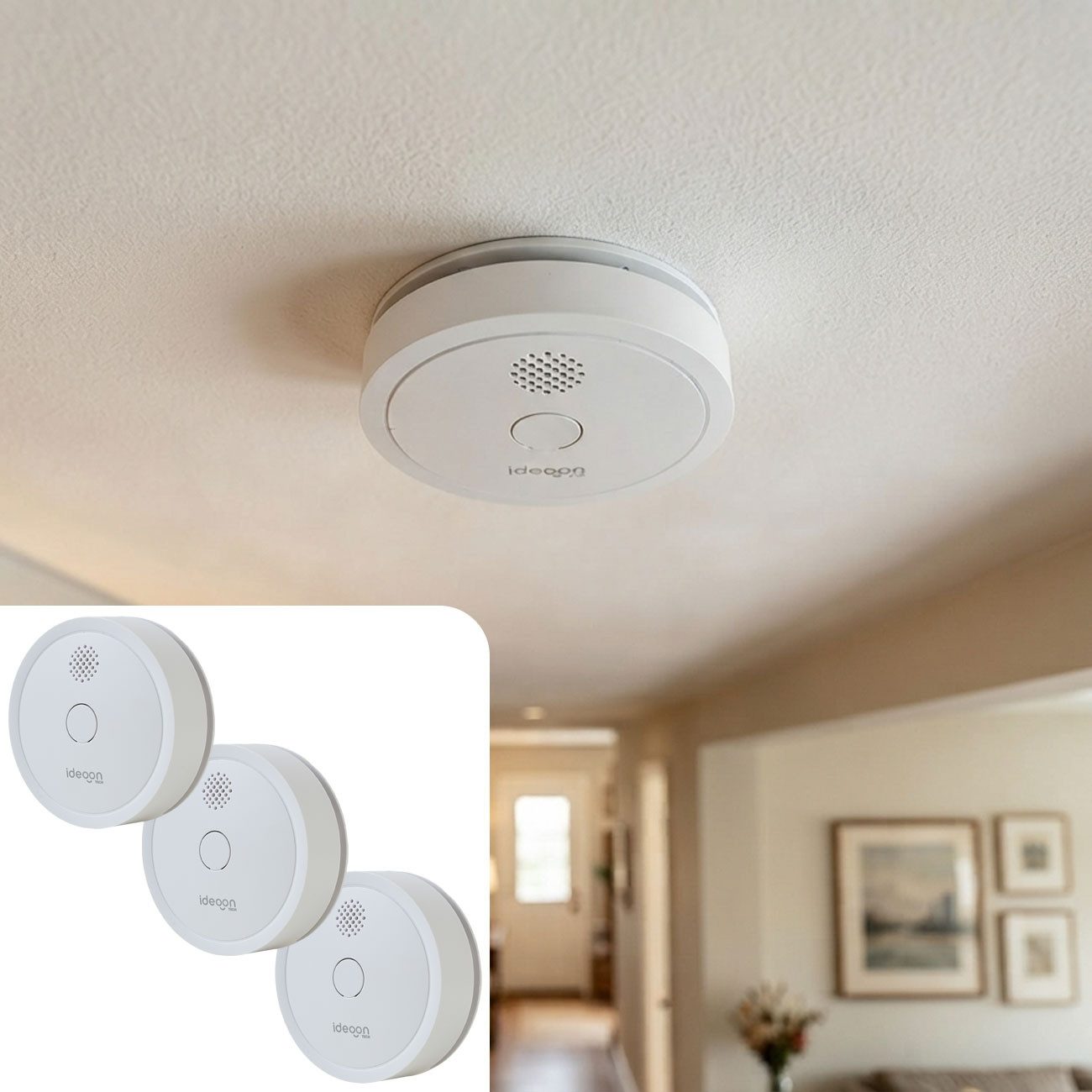 shop'n smile ideoon WLAN Rauchmelder Smart App Feuermelder EN14604 85dB Batteriebetrieb Rauchmelder (Wirkungsbereich max. 60 m², Tuya App Steuerung, LED-Anzeige)