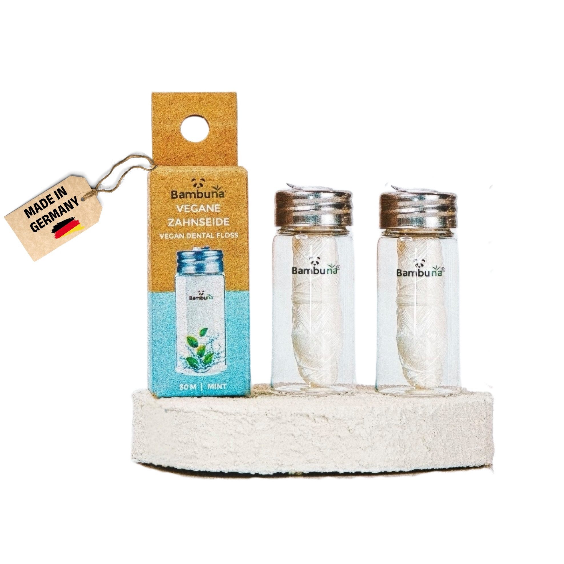 Bambuna Zahnseide im Glas mit Minzgeschmack 30m - vegane Zahnseide aus Maisstärke -, (Spar-Set, 2-St), Überzug mit Candellilawachs und Minze