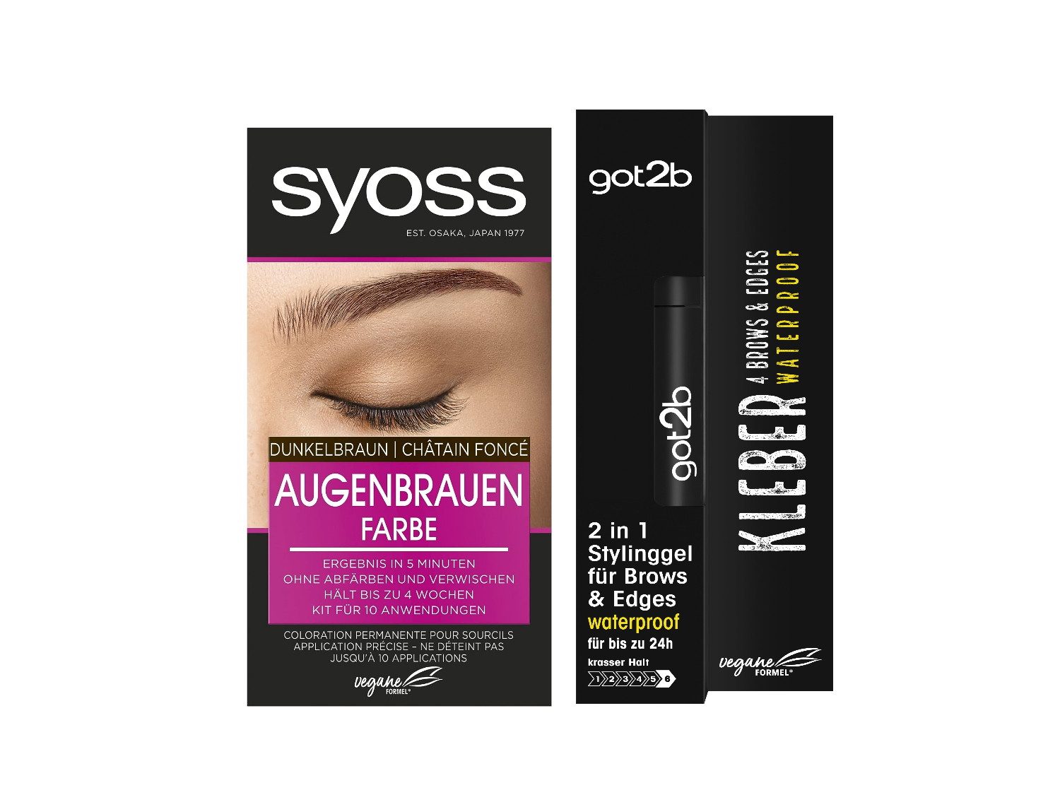 Syoss Augenbrauenfarbe Dunkelbraun 17ml & GOT2B 2in1 Stylinggel 4 Brows & Edges 16ml, 2-tlg., langanhaltend, schweiß- & wasserfest bis zu 24h
