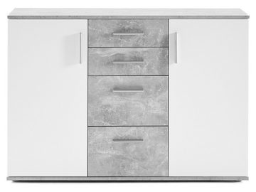 möbelando Kommode aus Spanplatte, in Beton / Weiß, mit 2 Türen, 4 Schubkästen (B/H/T 120 x 82 x 35 cm)