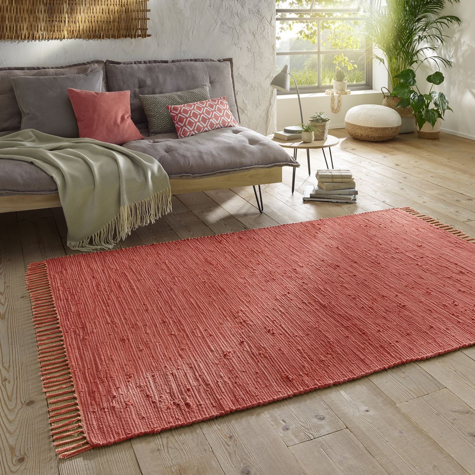 Teppich rot TaraCarpet Sylt mit Höhe: TaraCarpet, Fransen, 5 mm, Küchenteppich Wohnzimmer nachhaltig Flickenteppich rechteckig, Schlafzimmer 060x090