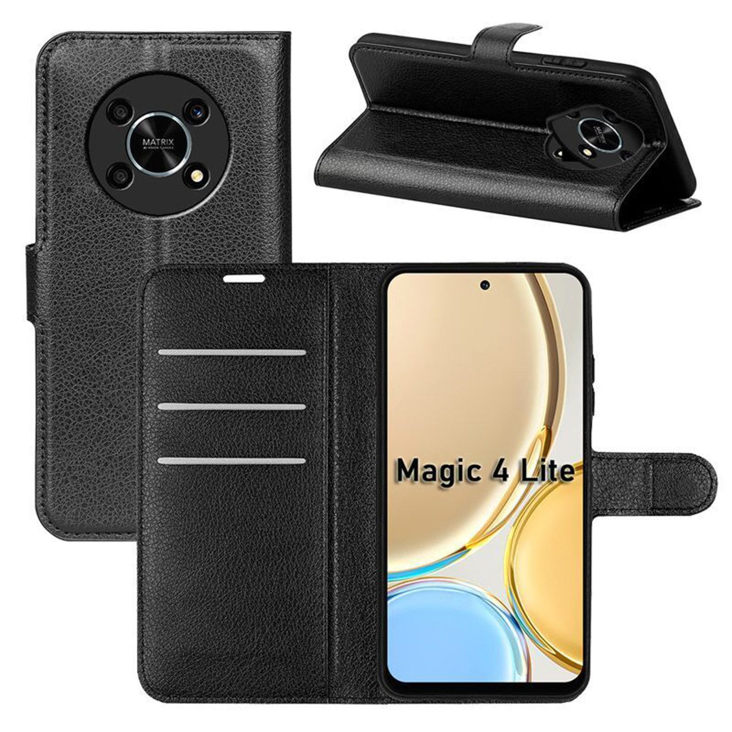 betterfon Handyhülle Handytasche für Honor Magic4 Lite Klapphülle Flip CaseSchwarz, 3 Kartenfächer, Magnetverschluss & Standfunktion im Lederlook