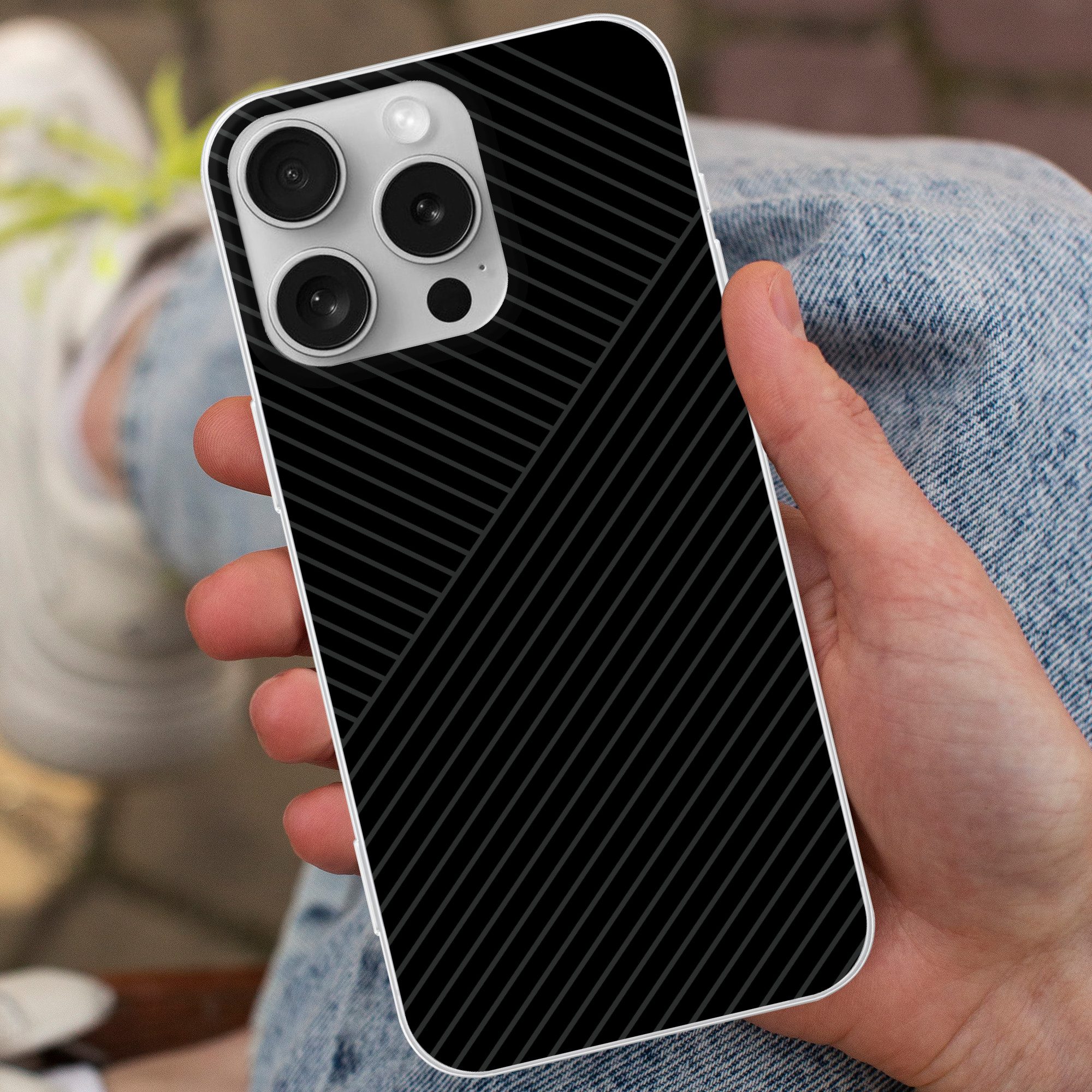 MuchoWow Handyhülle für Apple iPhone 16 Pro Linien - Abstrakt - Schwarz - Grau - Minimalis, Smartphone-Bumper, Print, Handy Schutzhülle Dünn