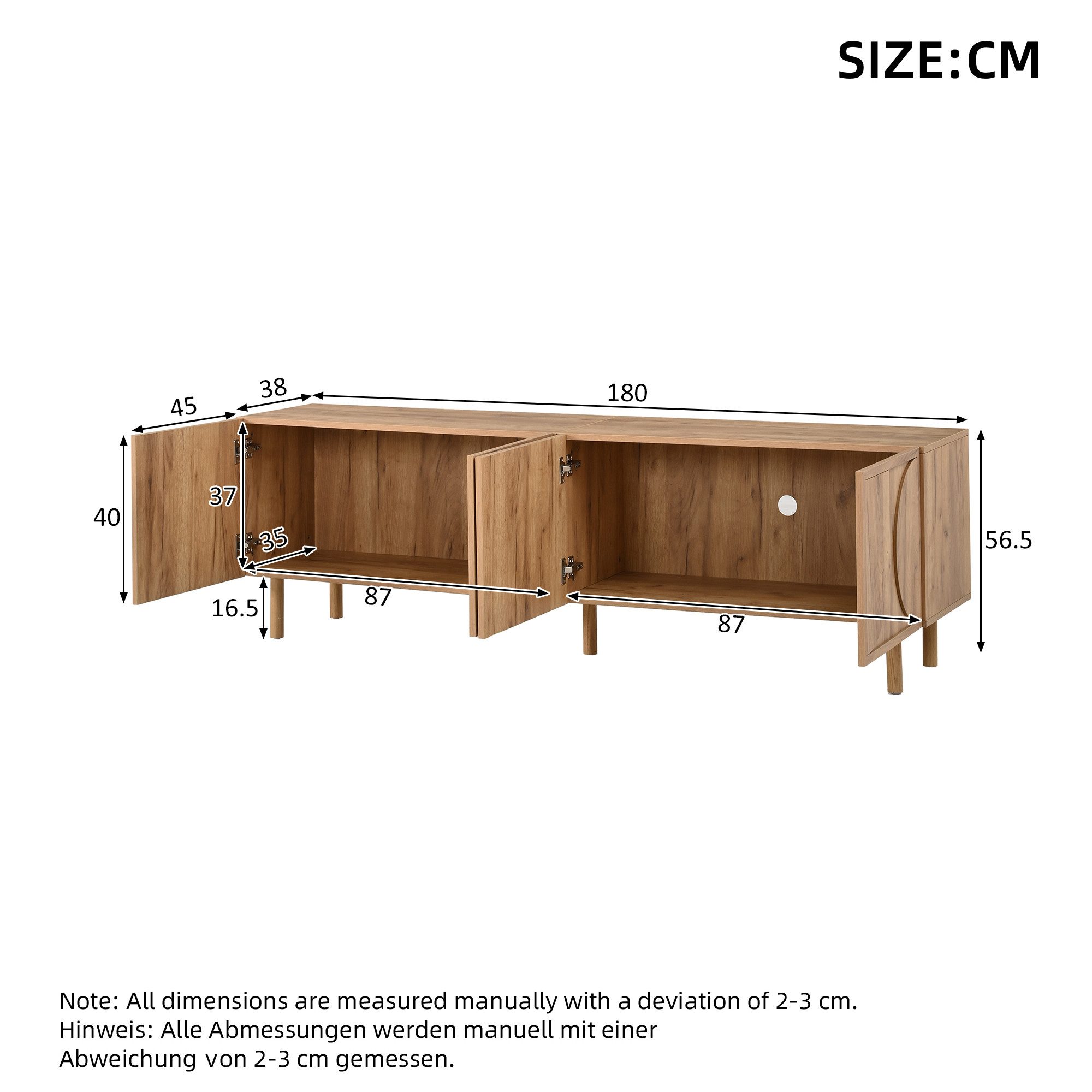 KLAM HOME Lowboard TV-Schrank Walnussholzfarbe 180cm mit 3D-Relief und Soft-Close-Türen (Modernes Lowboard mit 4 Türen, geeignet für Fernseher bis 75 Zoll), Stauraum-TV-Kommode mit Kabeldurchführung für das Wohnzimmer