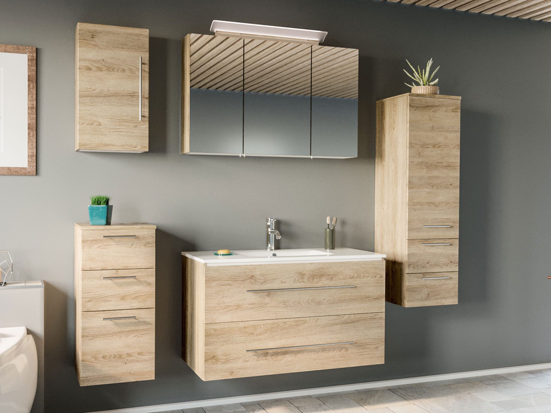 Magnolia Home Badmöbel-Set Badmöbel-Set OPTIMO 100 cm (5-teilig) SoftClose eiche hell