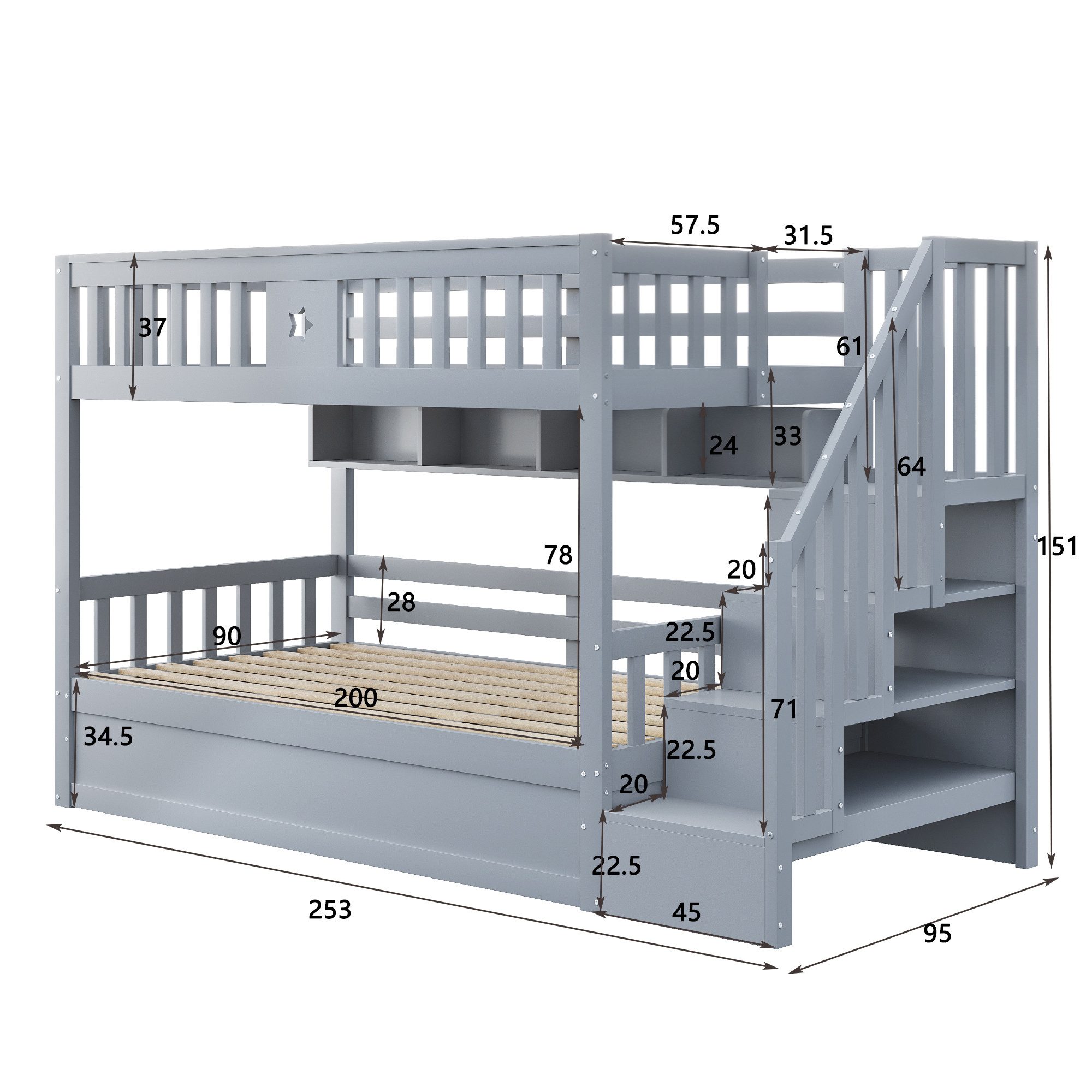 Merax Etagenbett mit hydraulischem Unterbett (1-St., Stockbett Jugendbett Doppelbett Hochbett aus Massivholz), Kinderbett 90x200cm mit Stauraumtreppe, Regalen & Sicherheitsgeländer