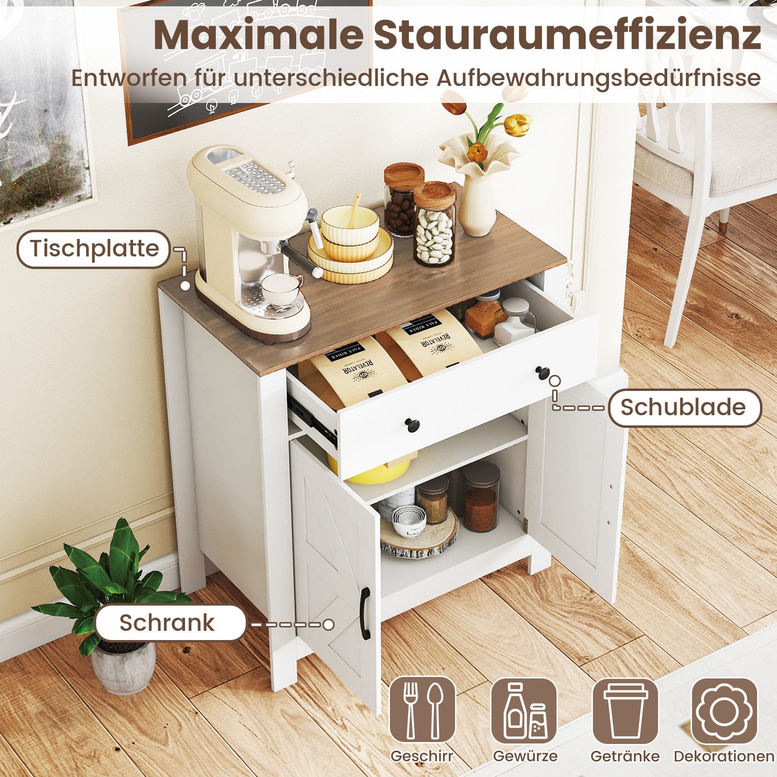 COSTWAY Sideboard, Küchenschrank mit Schublade, verstellbarem Regal Landhausstil