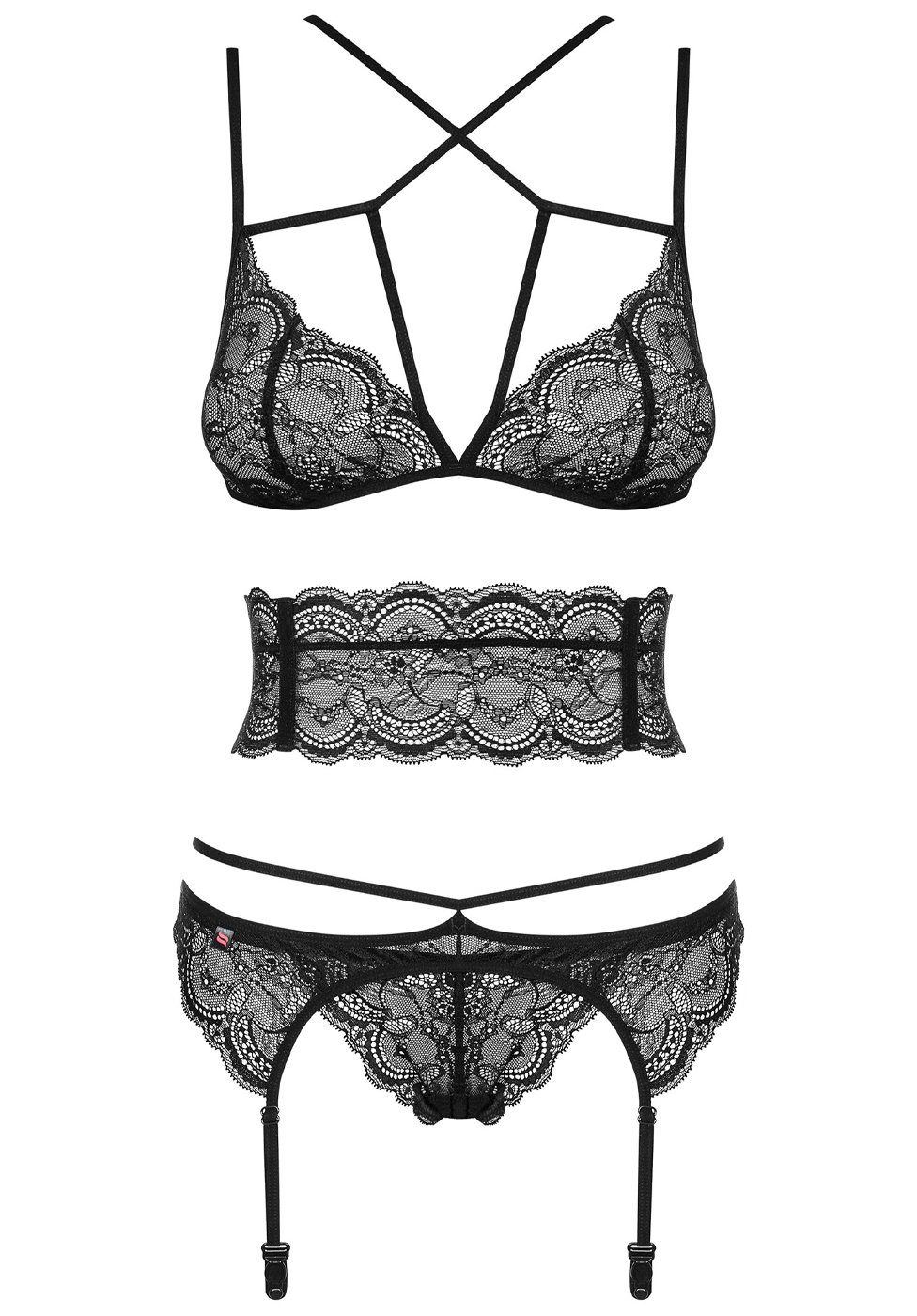 Obsessive Set: Bügelloser BH Dessous-Set: BH, String und Strumpfgürtel Spitze - schwarz (3-tlg) aus transparenter Spitze