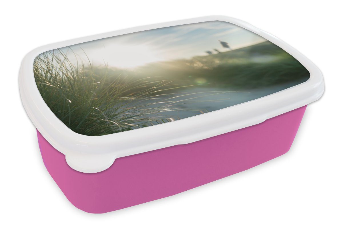 MuchoWow Lunchbox Strand - Kunststoff (2-tlg), Erwachsene, Brotbox für - Kunststoff, Snackbox, Sonne, Kinder, Brotdose Mädchen, rosa Düne