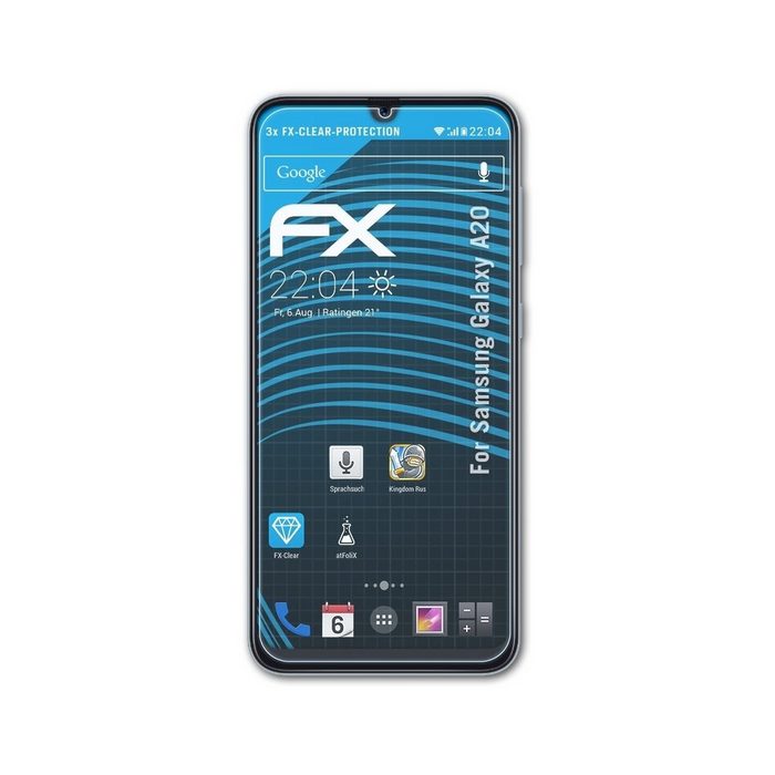 atFoliX Schutzfolie Displayschutz für Samsung Galaxy A20 (3 Folien) Ultraklar und hartbeschichtet