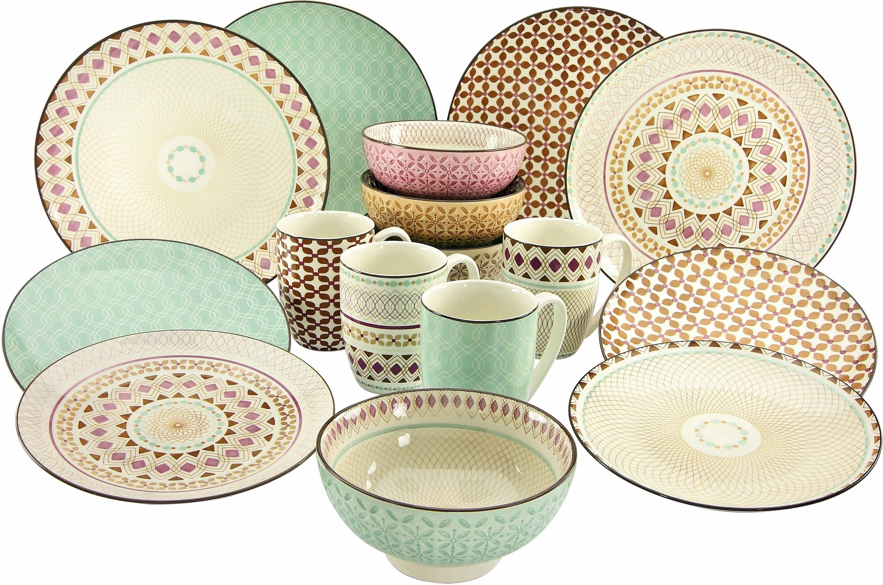 CreaTable Kombiservice Geschirr-Set Mandala (16-tlg), 4 Personen, Steinzeug, Service, 4 Designs, 16 Teile, für 4 Personen