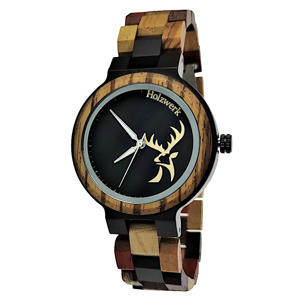 Quarzuhr Holzwerk schwarz, Holz Damen braun AHLEN Uhr, kleine Logo, Kopf Hirsch Armband