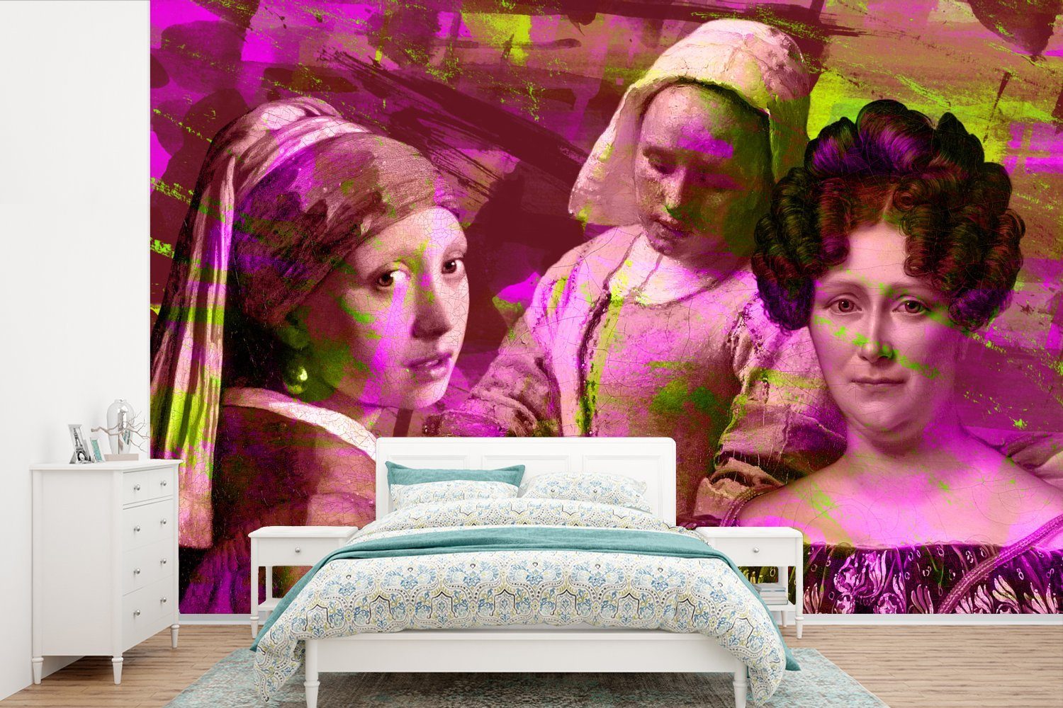 MuchoWow Fototapete Collage - Malerei - Neon, Matt, bedruckt, (6 St), Wallpaper für Wohnzimmer, Schlafzimmer, Kinderzimmer, Vinyl Tapete