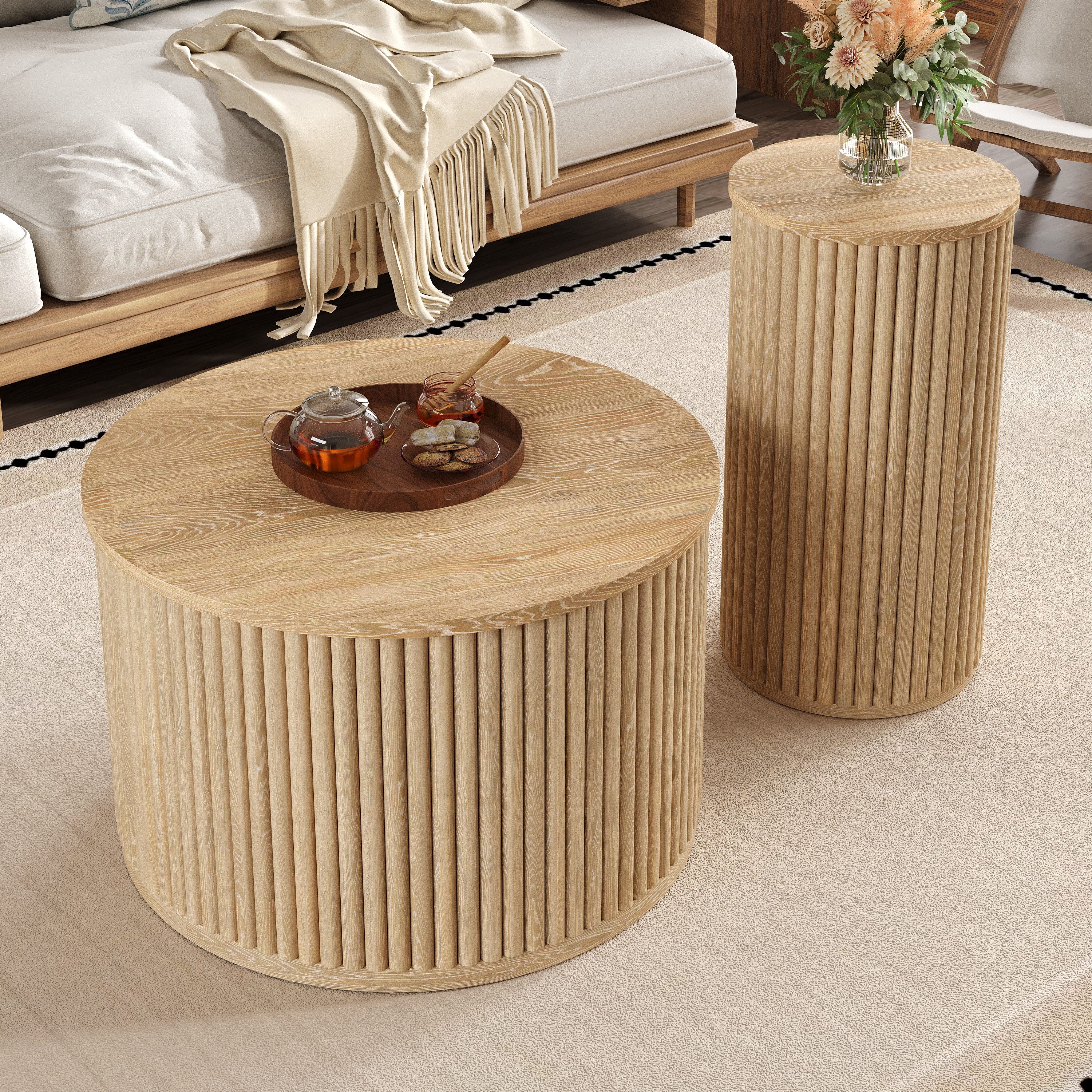 STILVORA Couchtisch mit Stauraum,Beistelltisch doppelter runder Tisch für Wohnzimmer (Packung, 2-St., Ein runder Haupt- und ein zweiter runder Couchtisc), Beistelltisch mit Naturholzlatten,mit Ablagefächer