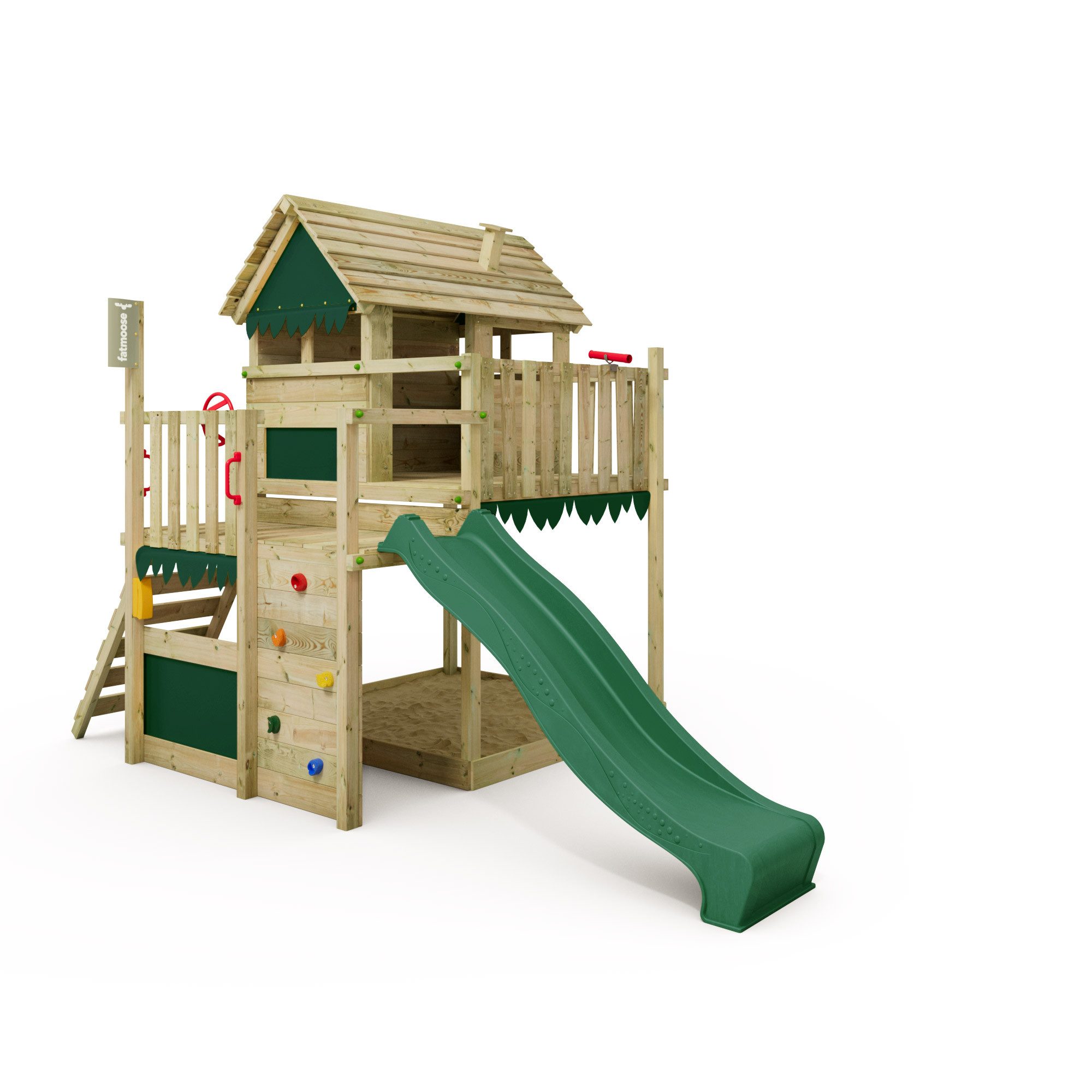 FATMOOSE Klettergerüst MightyMansion Move XXL Spielhaus mit Rutsche und Sandkasten, (Spielturm mit Kletterleiter, zwei Spielplattformen und Kletterwand, Stelzenhaus für Kinder mit Ladentheke im großen Spielhaus), extrem witterungsbeständiges Gartenspielgerät mit 10 Jahren Garantie*