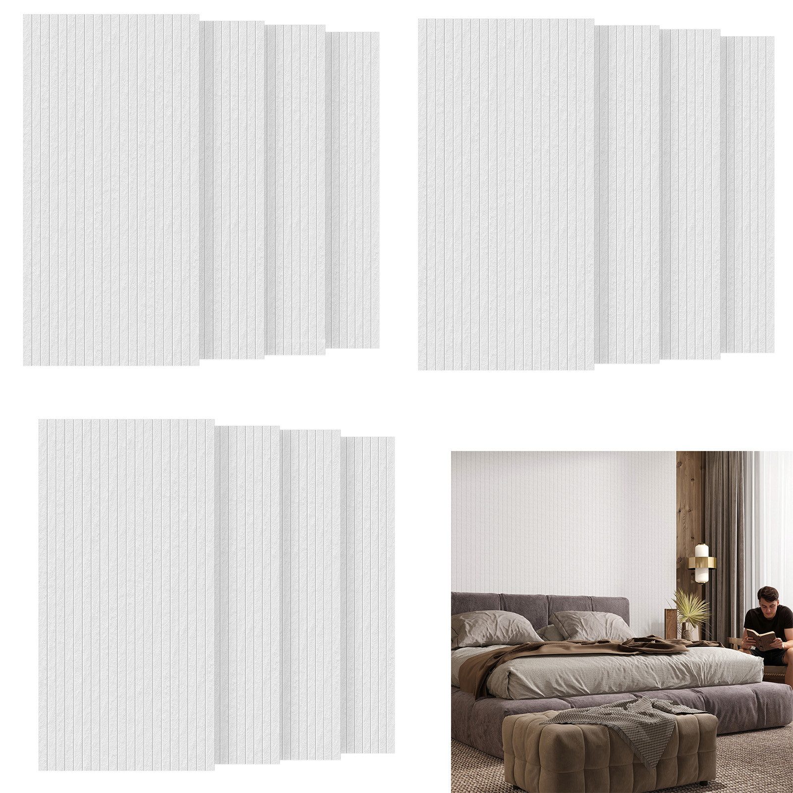 FIVMEN Wandpaneel Akustikpaneele Wand Selbstklebend Schalldämmung 4er/set, (12-tlg) Schwarz/Weiß/Hellgrau 120x60cm Polyesterfaser Langer Streifen