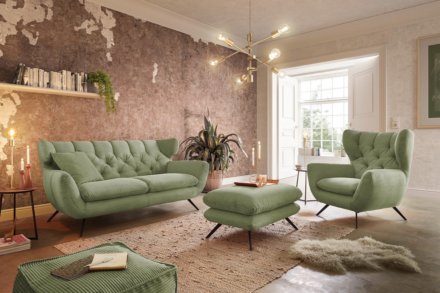 KAWOLA Sitzgruppe CHARME, (Set, 3-tlg), Sofa Sessel Hockerbank Cord verschiedene Farben
