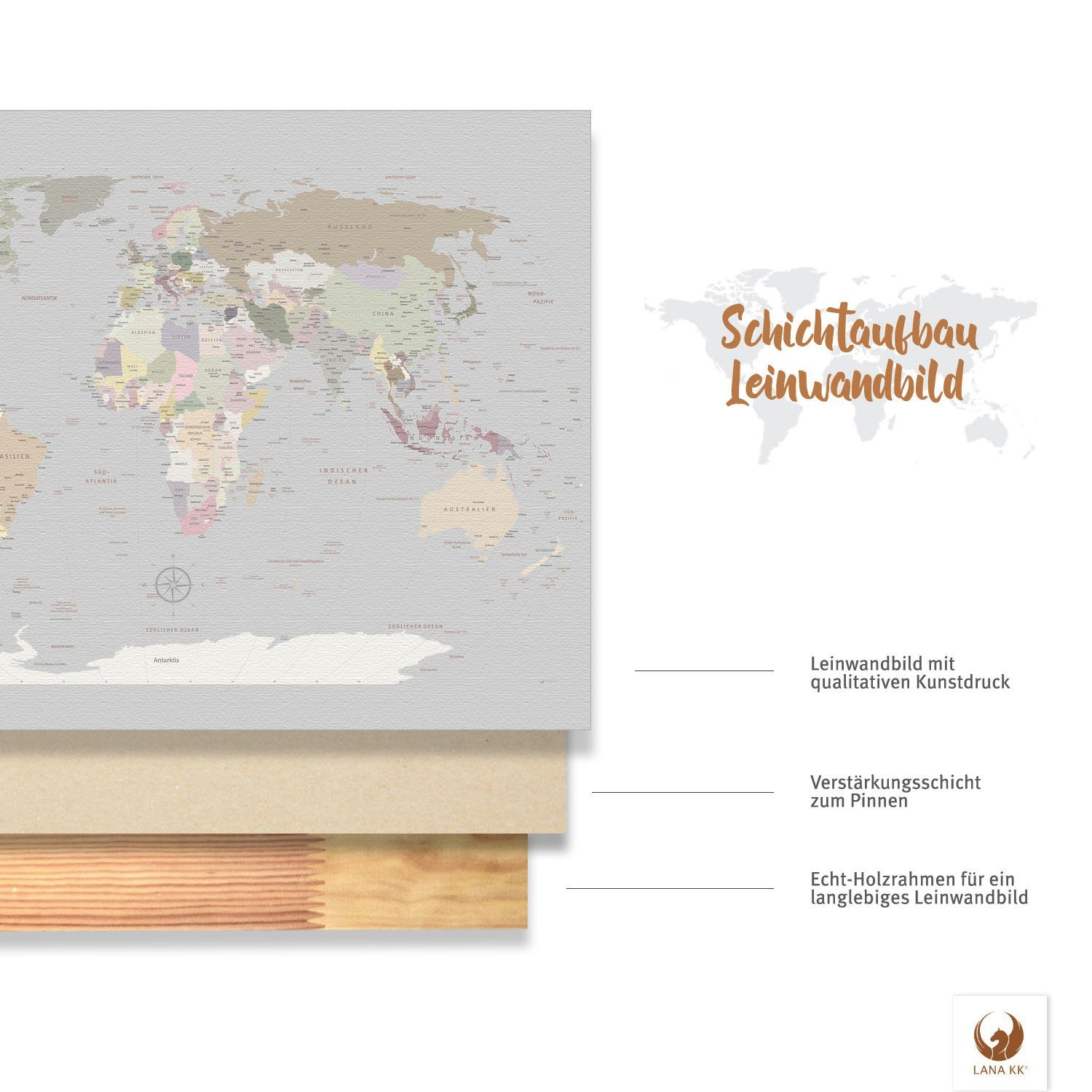 LANA KK Leinwandbild Weltkarte Reisezielen, Light Beschriftung von markieren deutsche zum Pinnwand