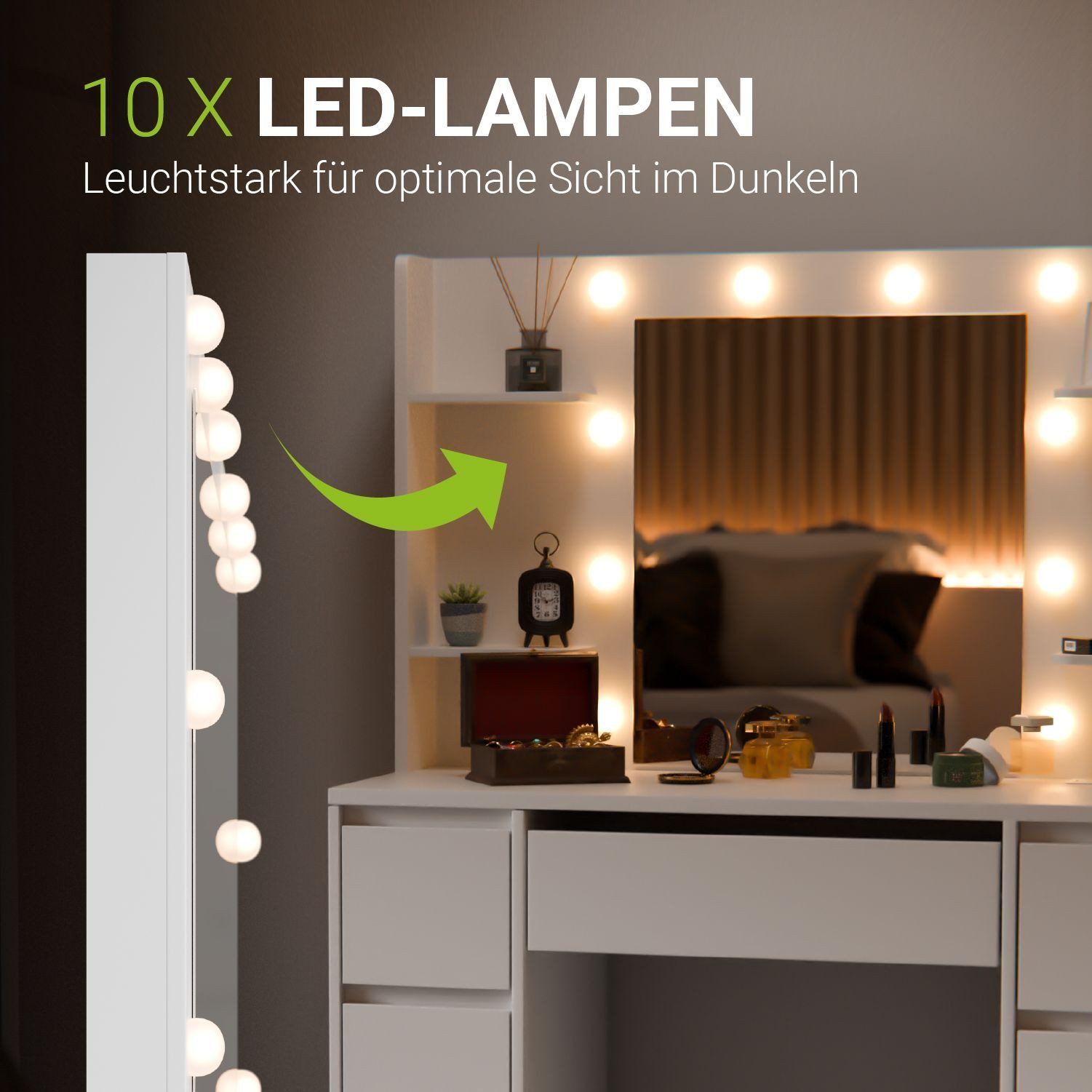 Juskys Schminktisch Malia, LED-Beleuchtung, 3 Helligkeitsstufen, modern, 7 Schubladen, Stauraum